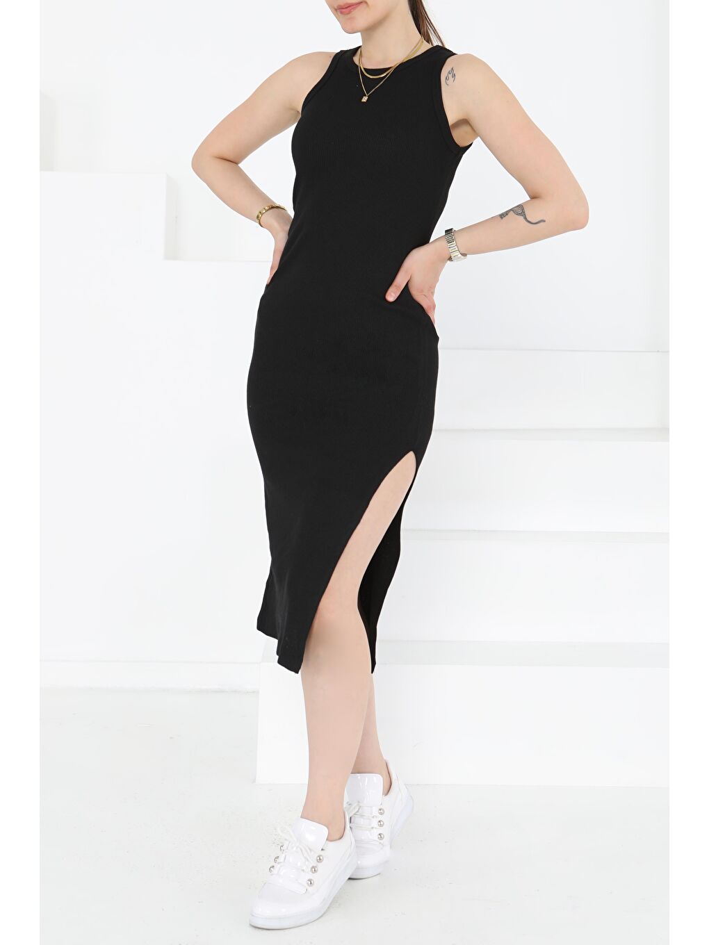 Yırtmaçlı Elbise Siyah - 27234-1