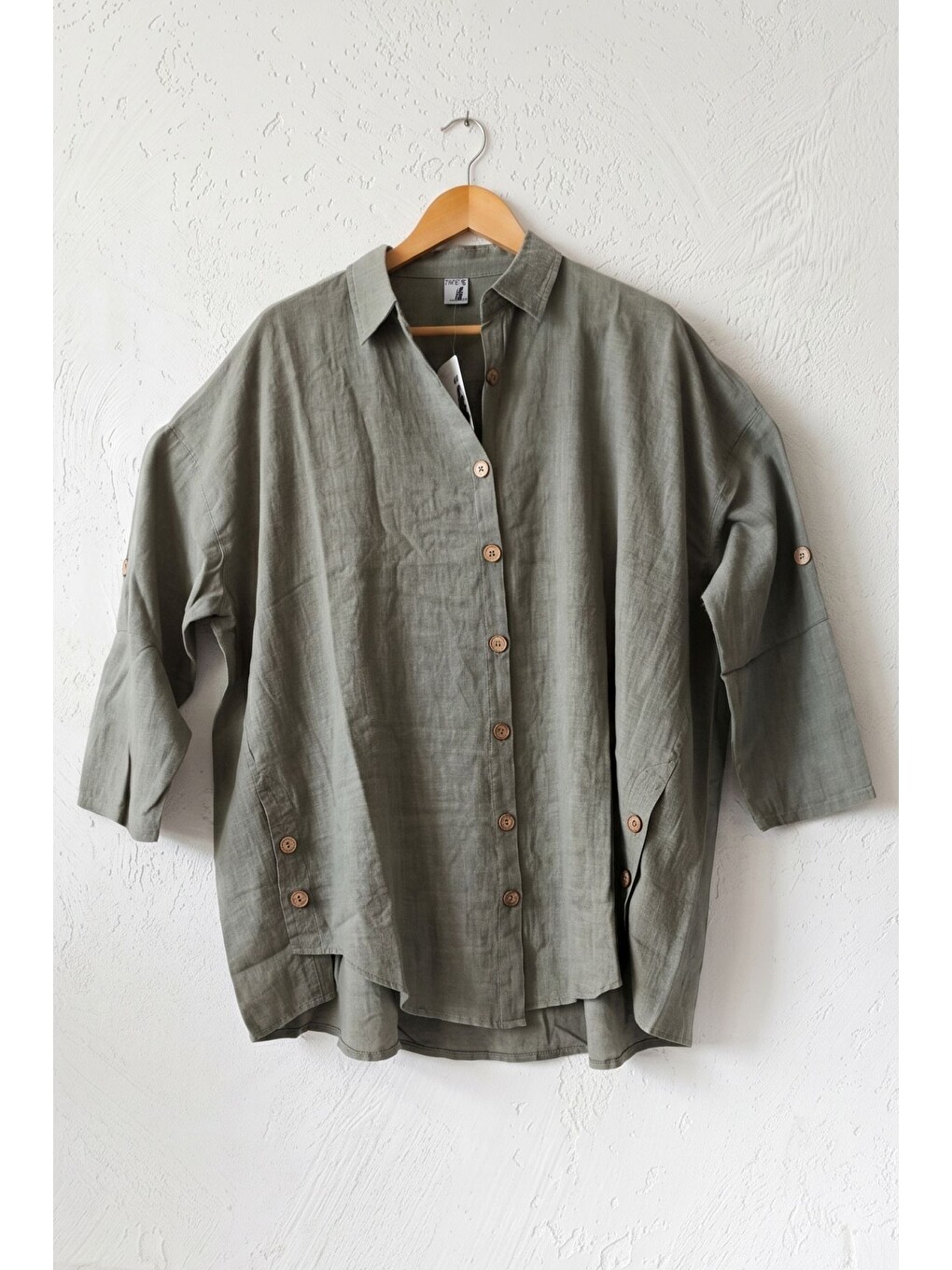 Haki Gömlek Yaka 3/4 Kol Düğmeli Casual Keten Görünümlü Oversize Dokuma Gömlek 75 72-1