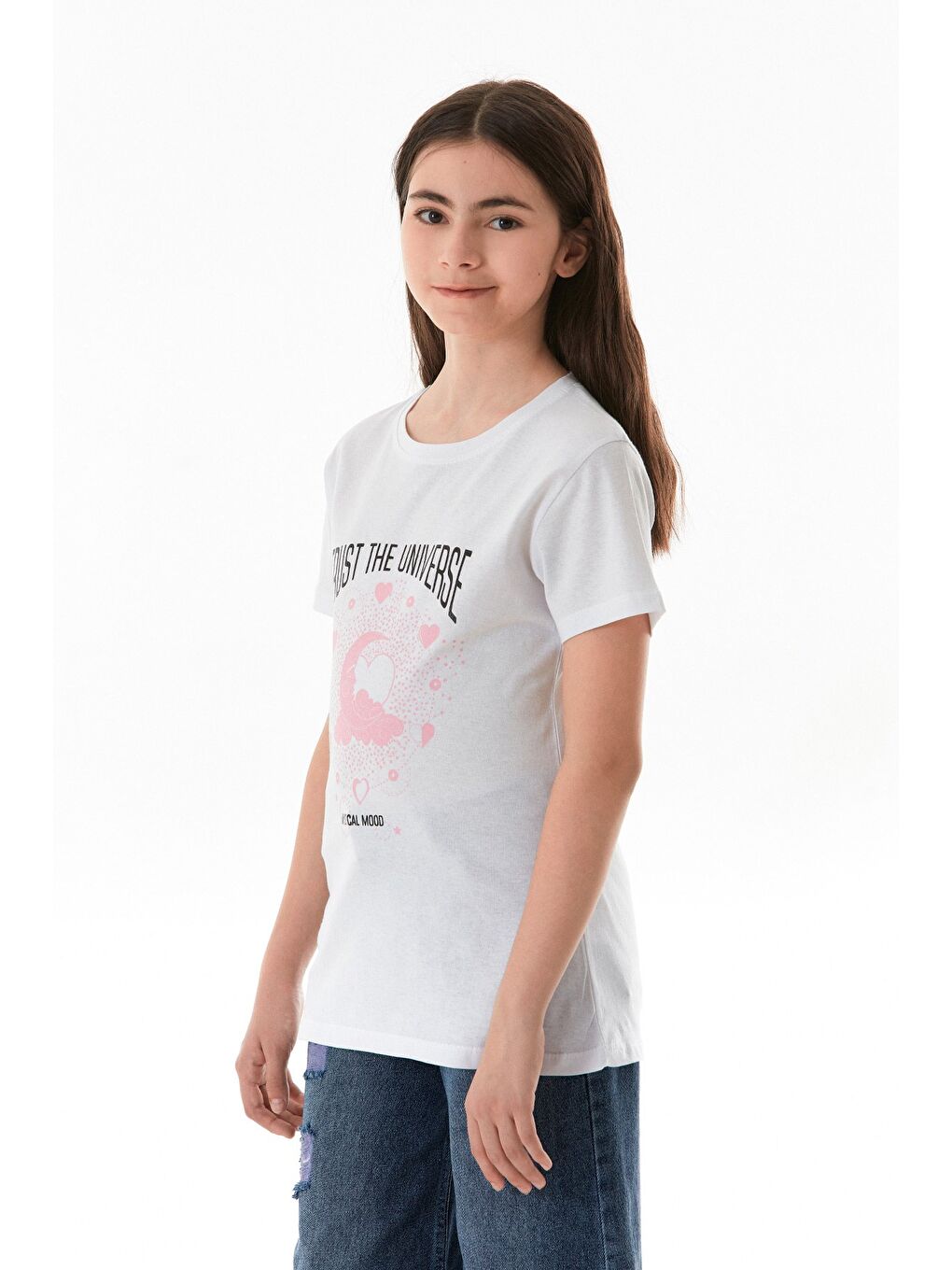 Beyaz %100 Pamuk Trust The Universe Baskılı Kız Çocuk Tişört-2