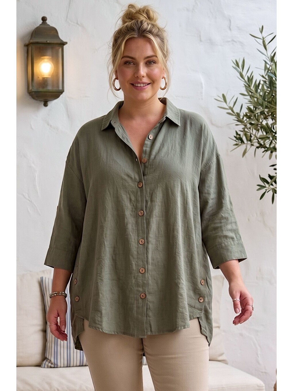 Haki Gömlek Yaka 3/4 Kol Düğmeli Casual Keten Görünümlü Oversize Dokuma Gömlek 75 72-2