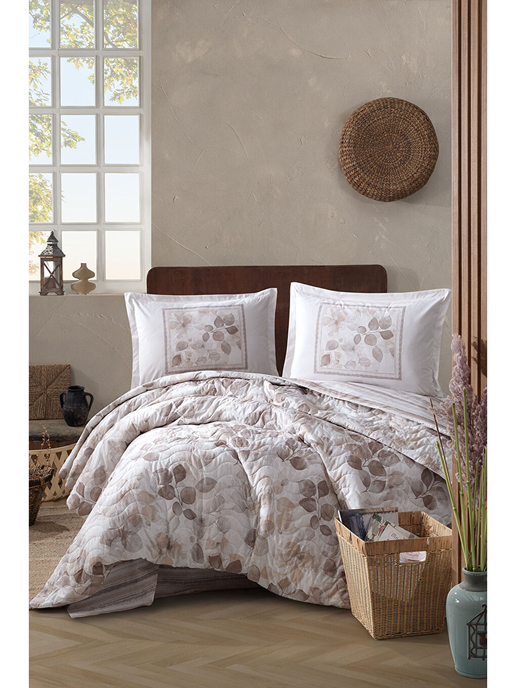 Bej %100 Pamuk Çift Kişilik Dört Mevsim Set Semeran