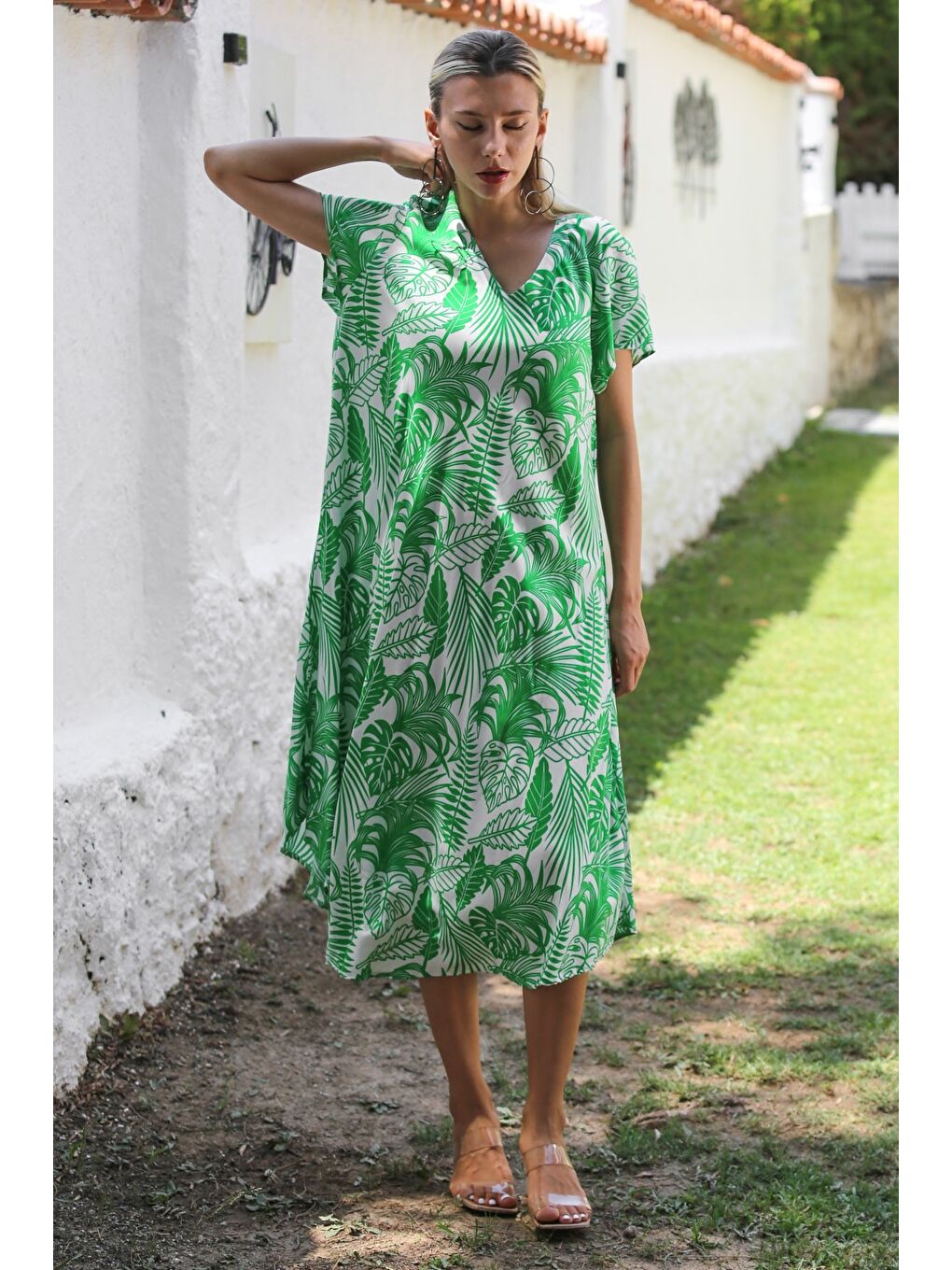 Yeşil V Yaka Düşük Kol Allover Baskılı Dokuma Casual Elbise-6