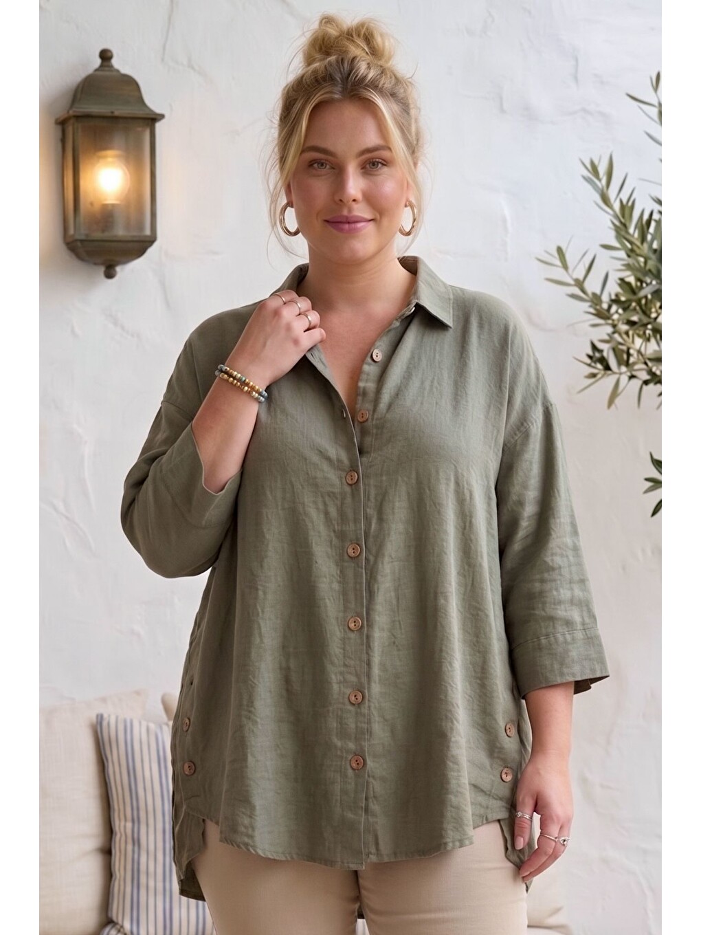Haki Gömlek Yaka 3/4 Kol Düğmeli Casual Keten Görünümlü Oversize Dokuma Gömlek 75 72-3
