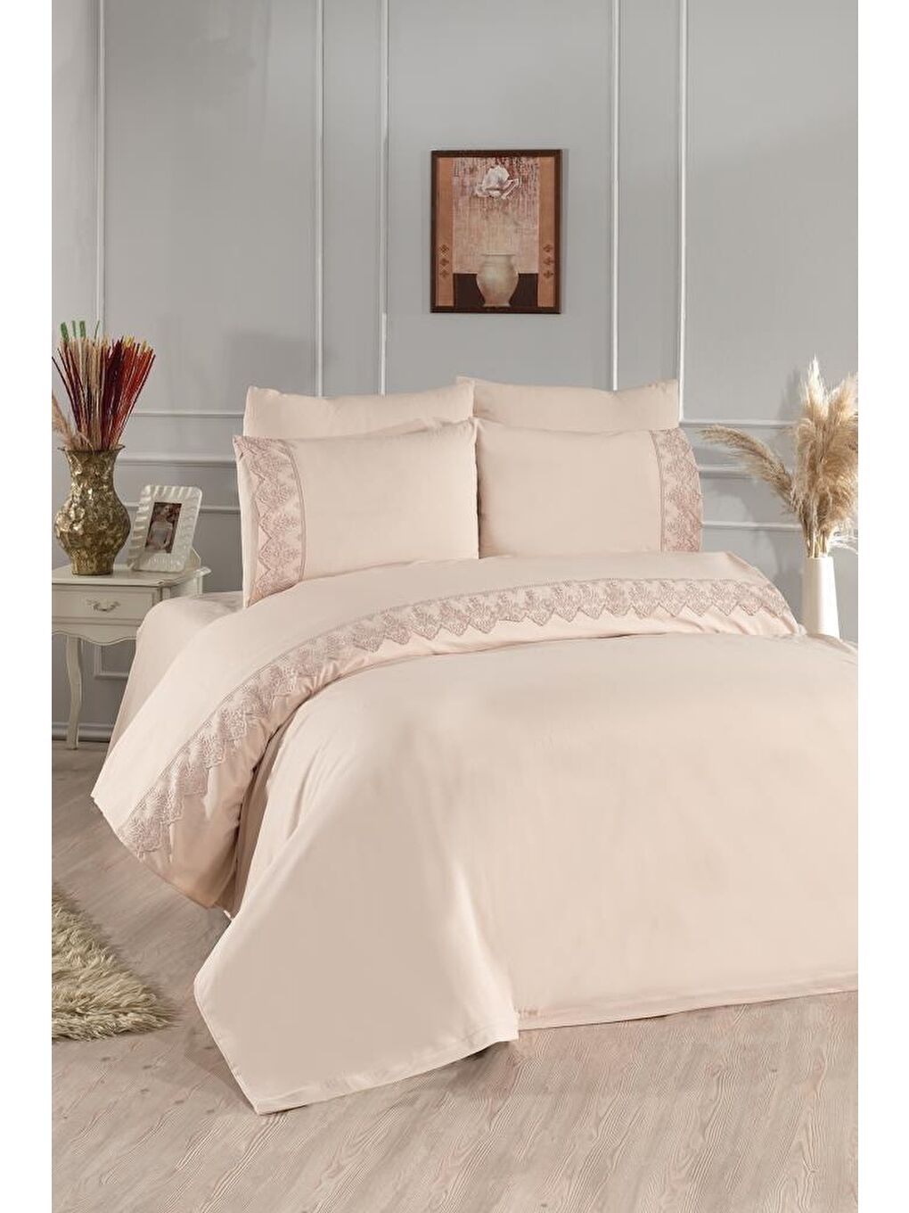 Karışık Fransız Dantelli Sara Çeyizlik Nevresim Takımı Cappucino