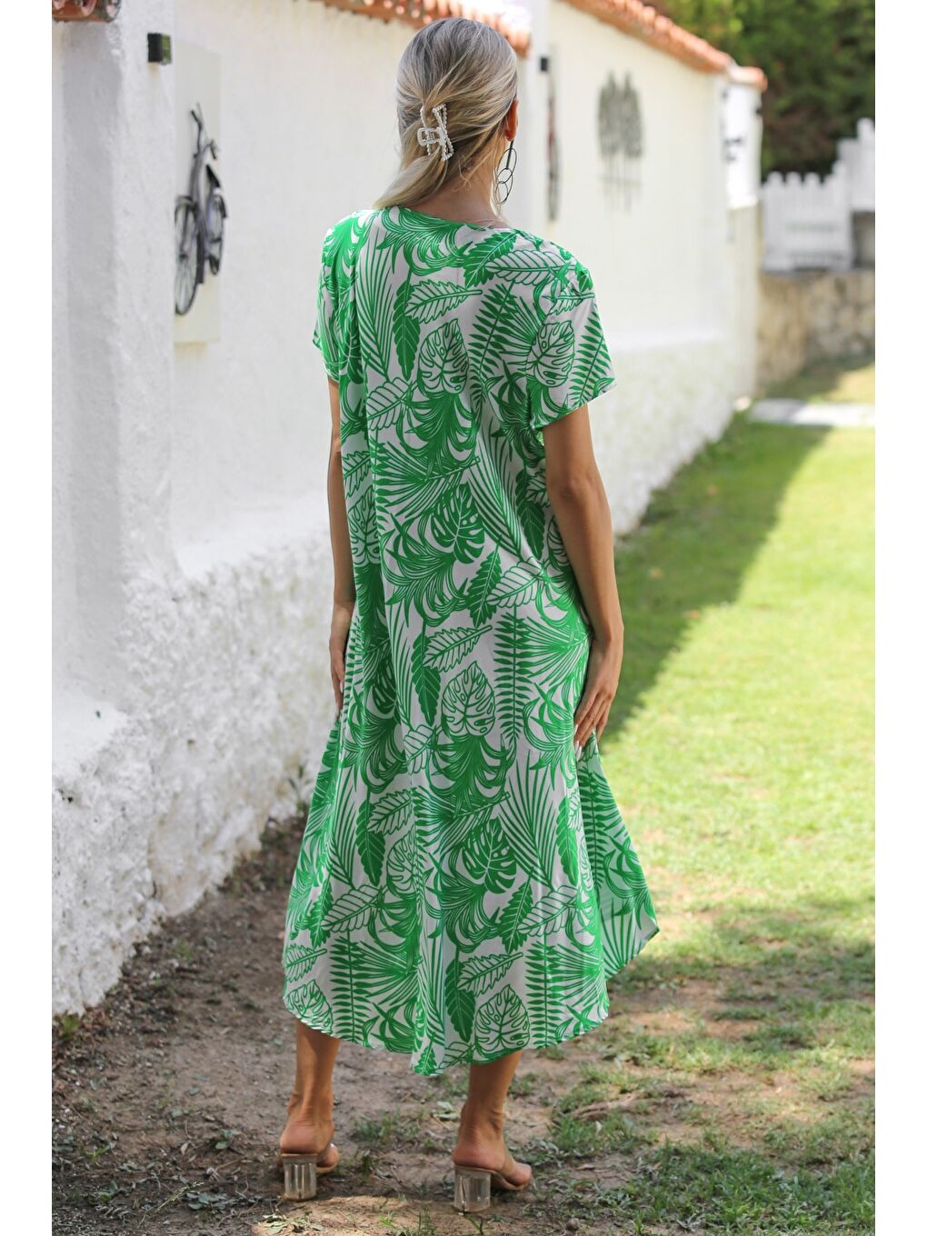 Yeşil V Yaka Düşük Kol Allover Baskılı Dokuma Casual Elbise-7