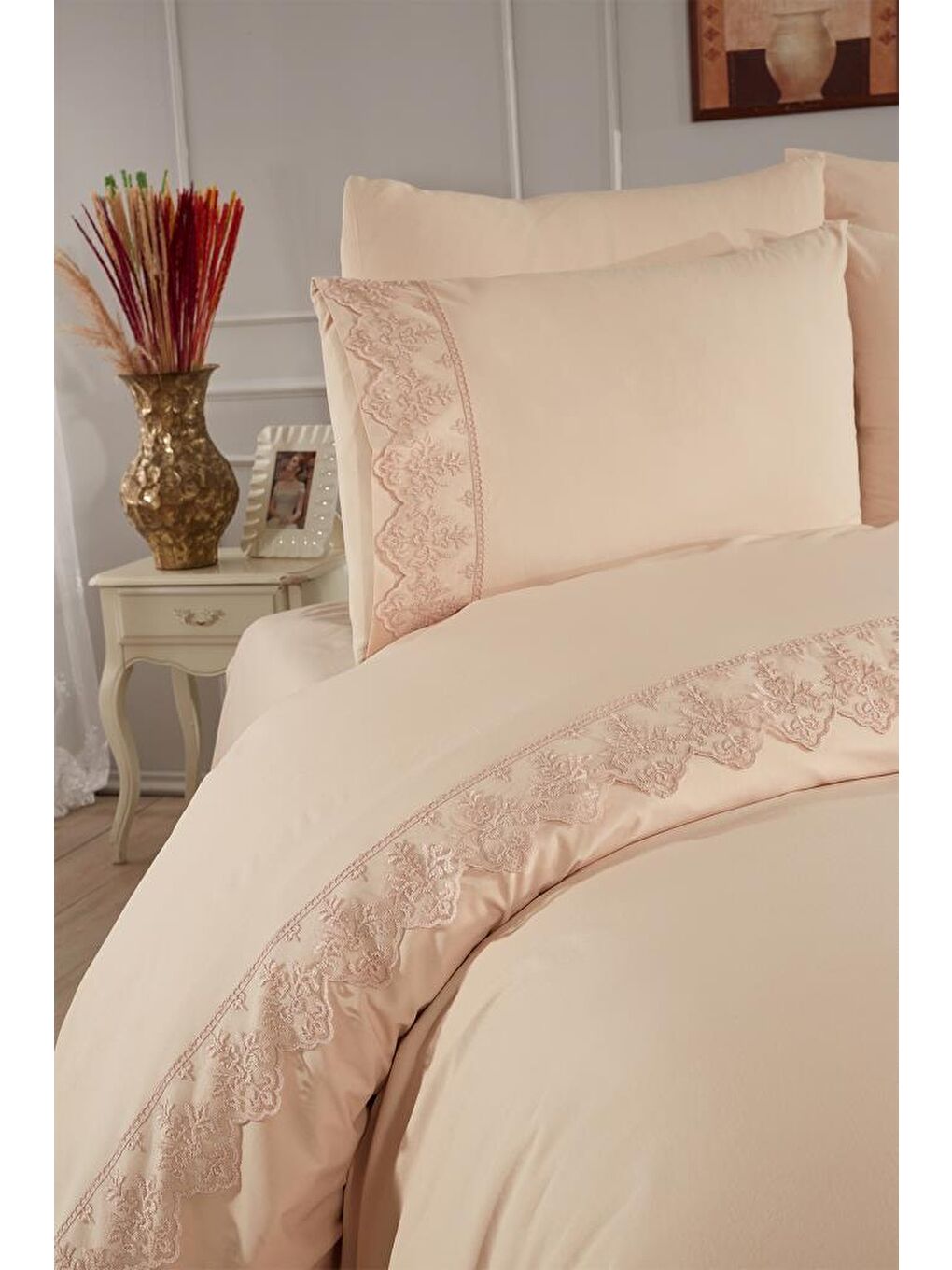 Karışık Fransız Dantelli Sara Çeyizlik Nevresim Takımı Cappucino-1