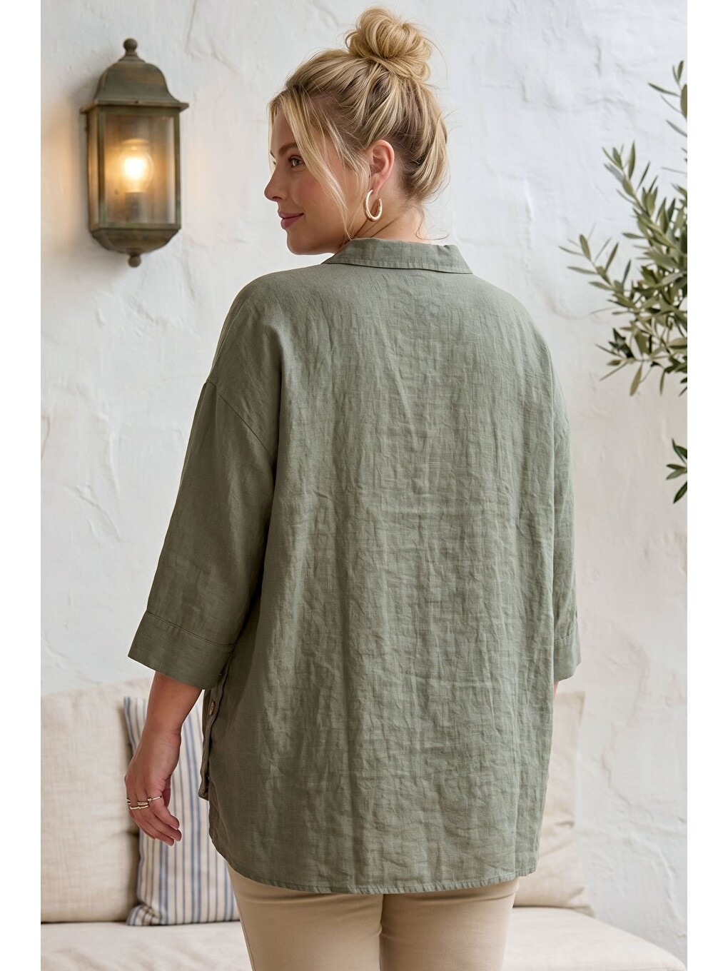 Haki Gömlek Yaka 3/4 Kol Düğmeli Casual Keten Görünümlü Oversize Dokuma Gömlek 75 72-5