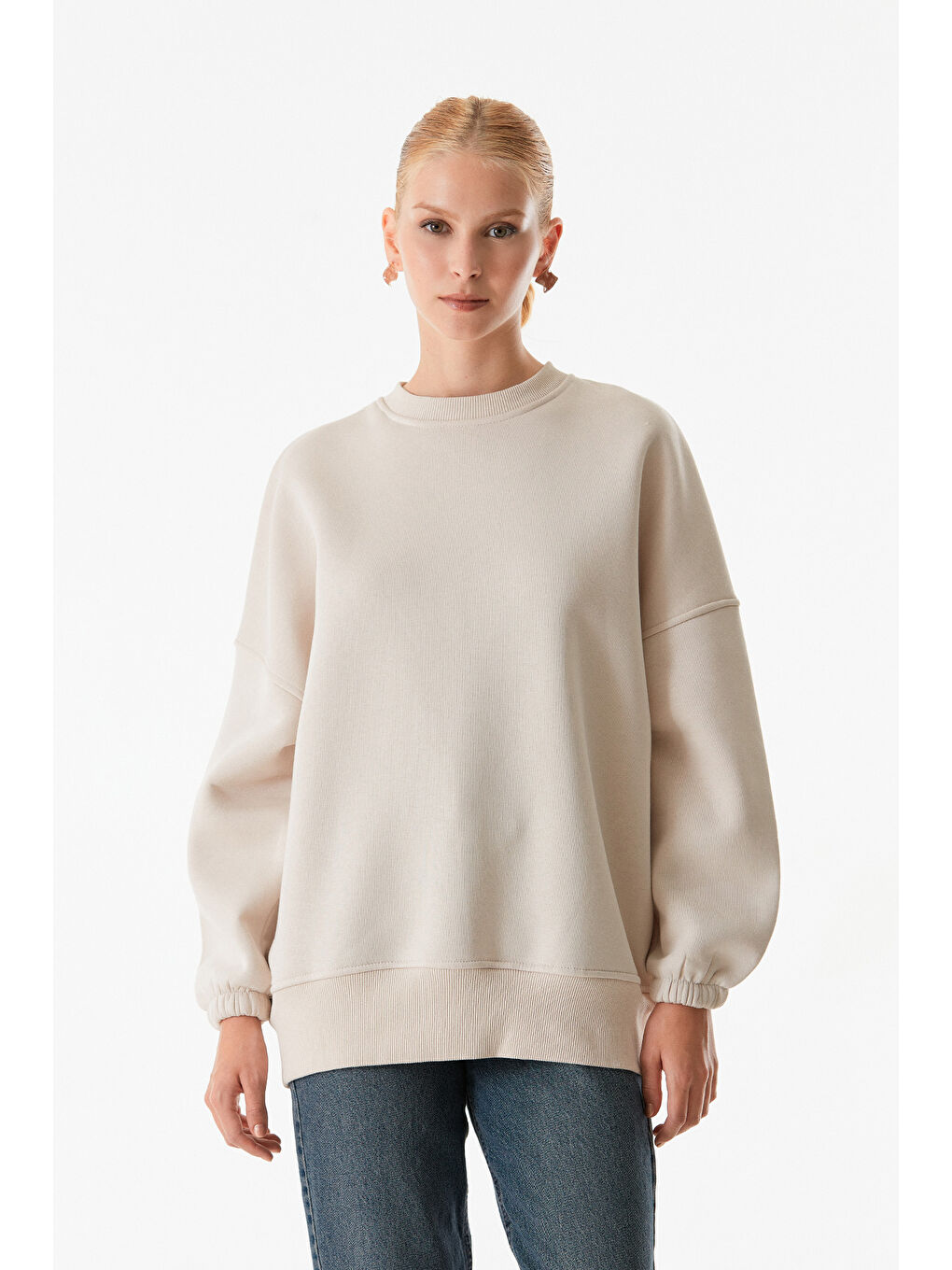 Fullamoda Bej Basic Bisiklet Yaka Sweatshirt