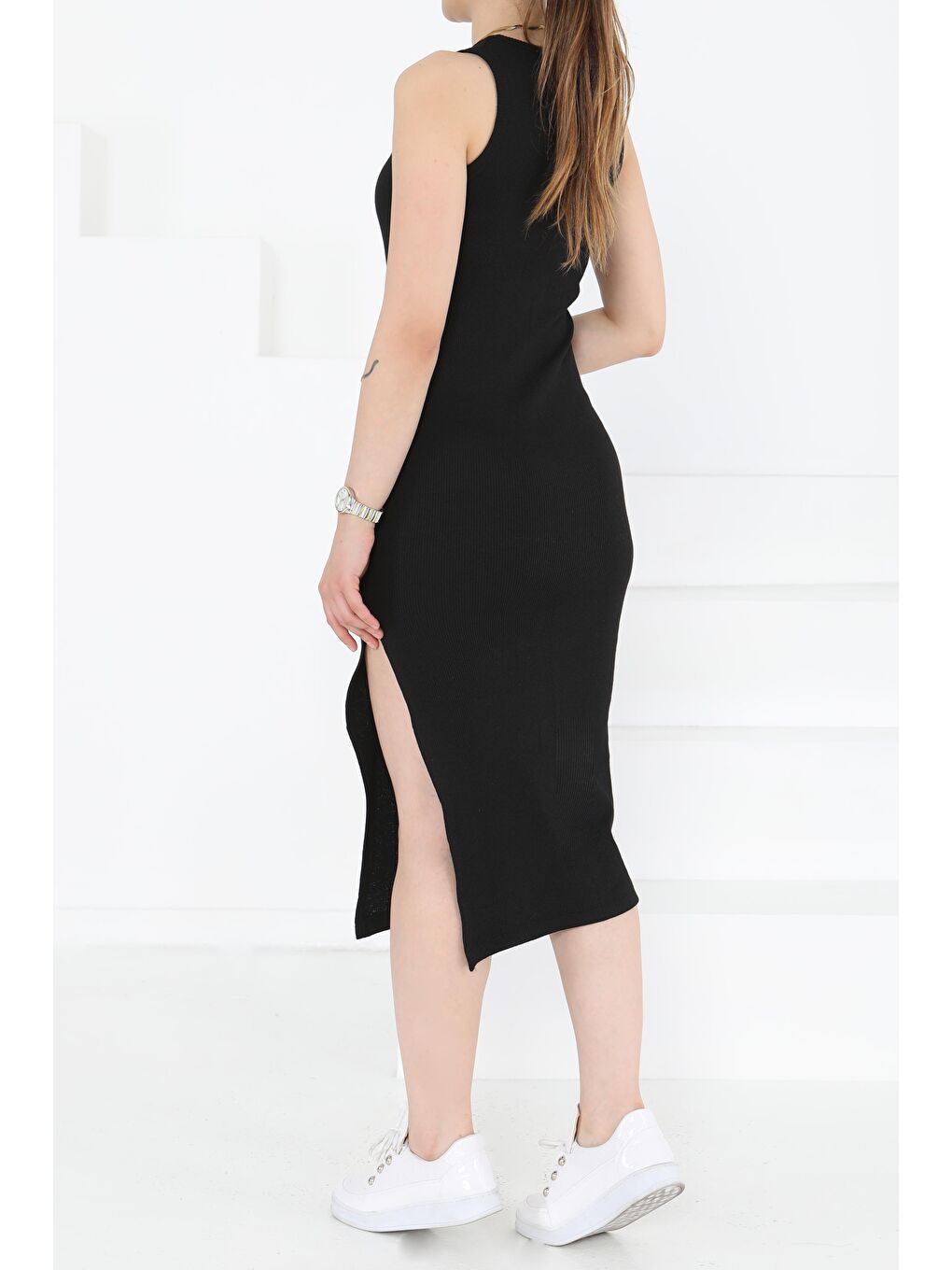 Yırtmaçlı Elbise Siyah - 27234-3