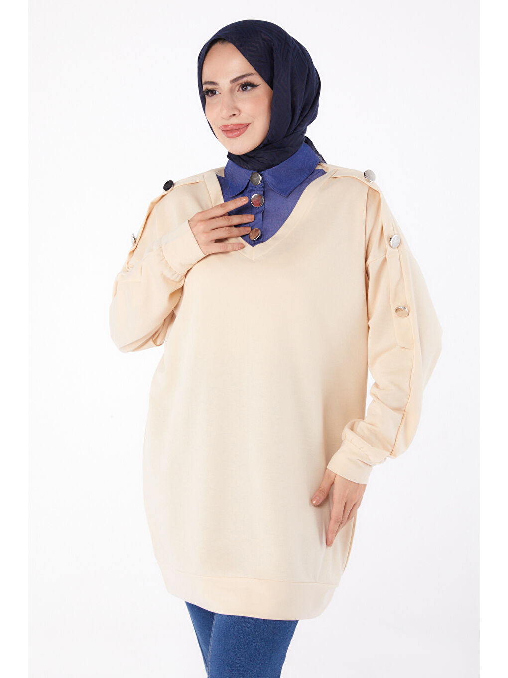 Jean Detaylı Sweatshirt Bej   13298