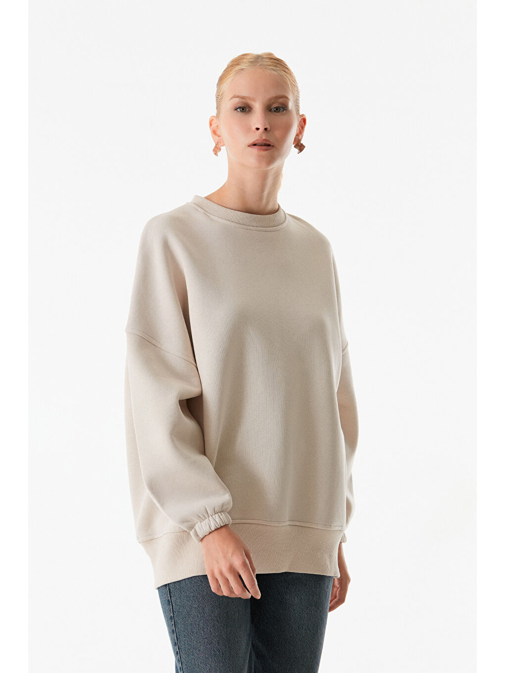 Fullamoda Bej Basic Bisiklet Yaka Sweatshirt - 1