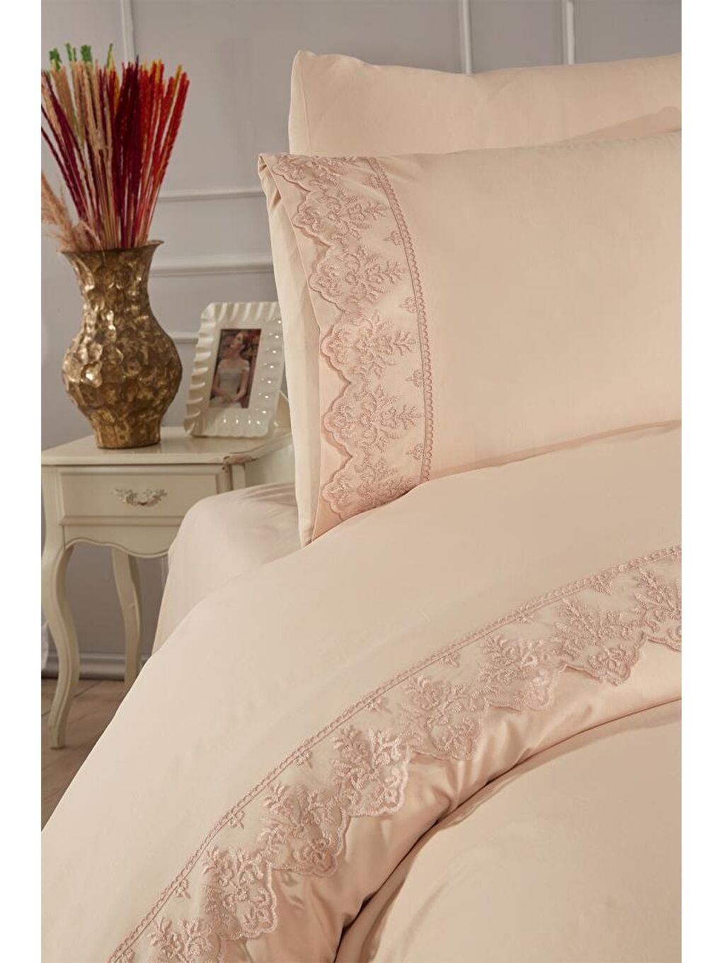 Karışık Fransız Dantelli Sara Çeyizlik Nevresim Takımı Cappucino-2