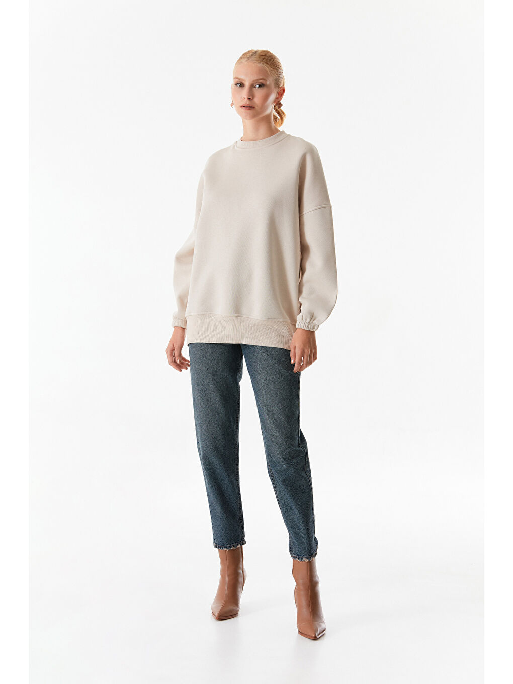 Fullamoda Bej Basic Bisiklet Yaka Sweatshirt - 2