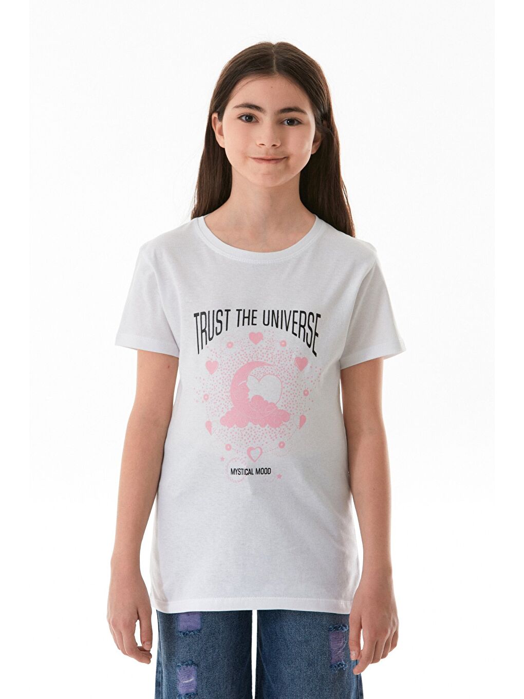 Beyaz %100 Pamuk Trust The Universe Baskılı Kız Çocuk Tişört-4