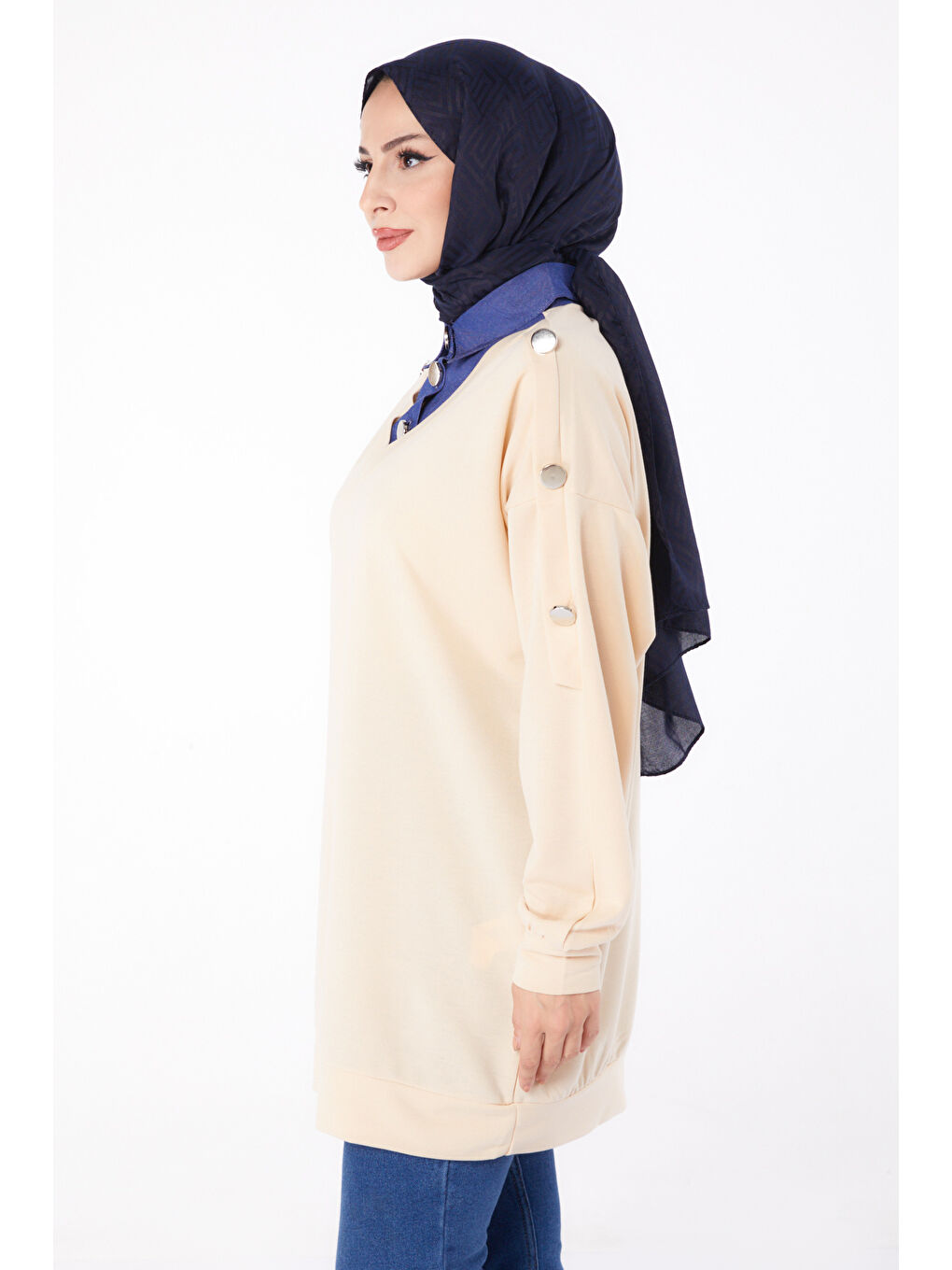 Jean Detaylı Sweatshirt Bej   13298-2