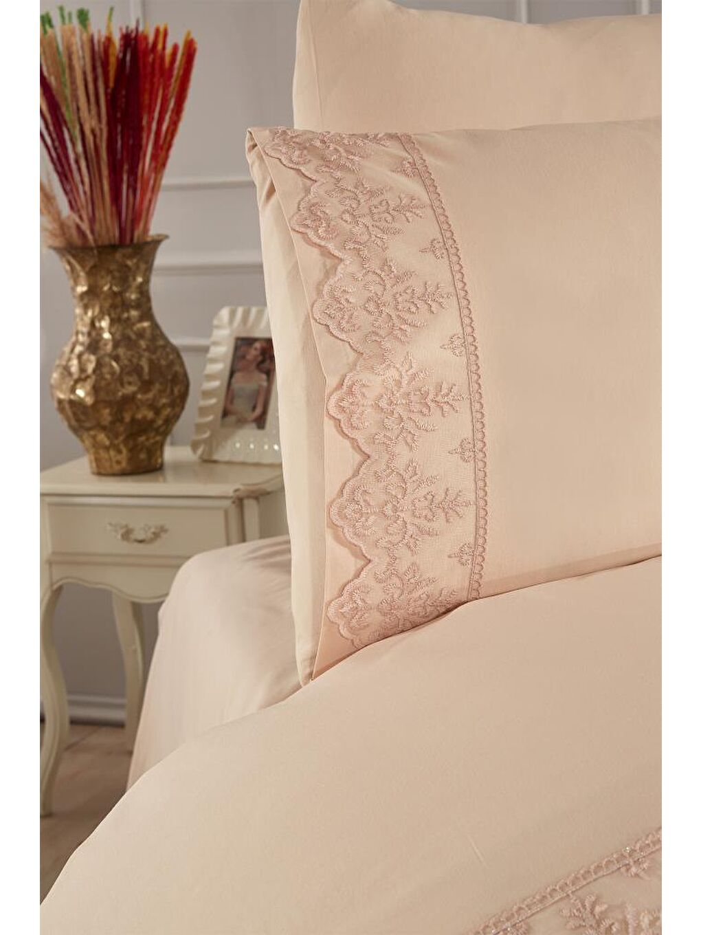 Karışık Fransız Dantelli Sara Çeyizlik Nevresim Takımı Cappucino-3