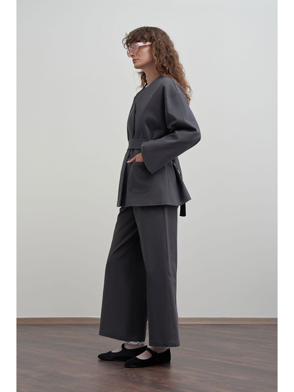 Antrasit-V Yaka Kuşaklı Gabardin Ceket-1
