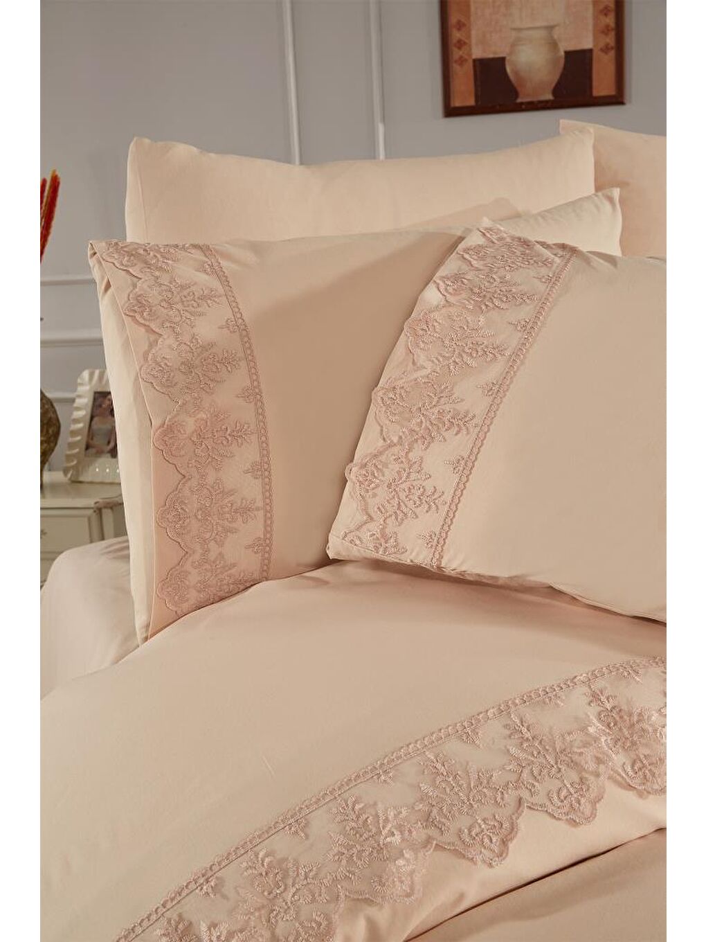 Karışık Fransız Dantelli Sara Çeyizlik Nevresim Takımı Cappucino-4