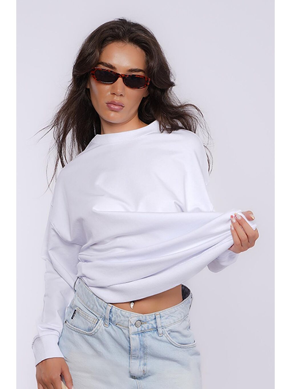 Beyaz Basic Oversize Kadın Sweatshirt Mg1686-1