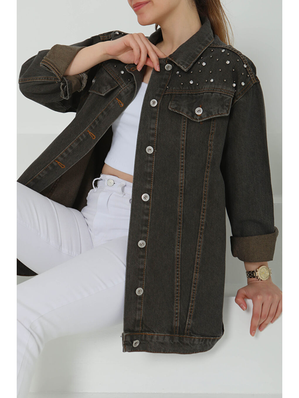 Kahverengi Kadın Omuz Taş Detaylı Oversize Jean Ceket Kahve Tint Yikama   26616