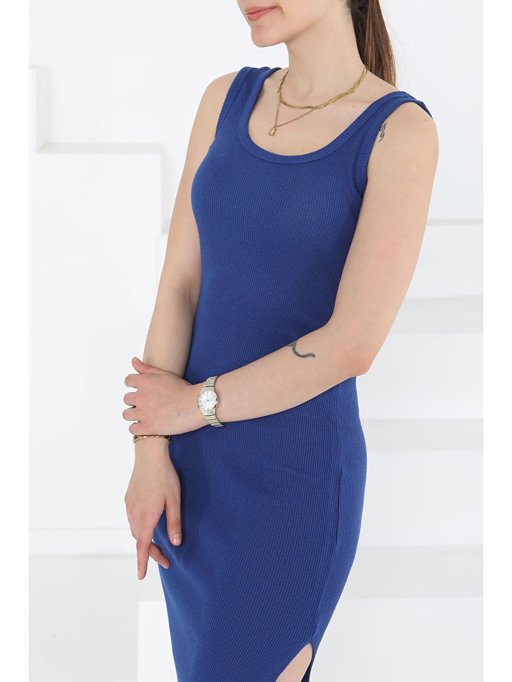 Mavi Kare Yaka Yırtmaçlı Midi Elbise Saks - 27230-3