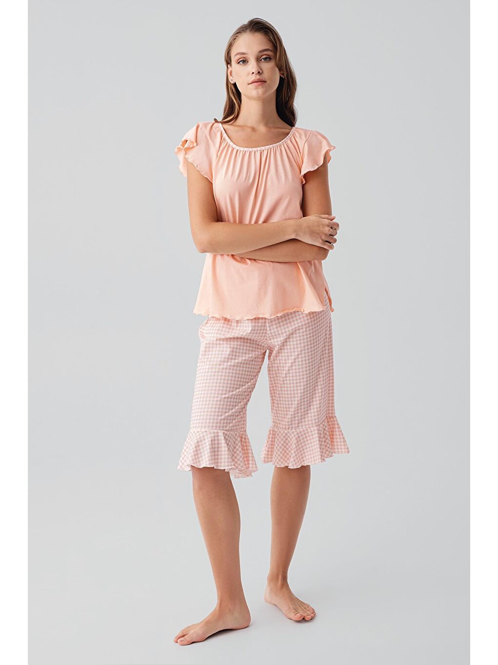 Pembe Kısa Kollu Pötikare Desenli Esnek Pamuklu Pijama Takım 19200-1