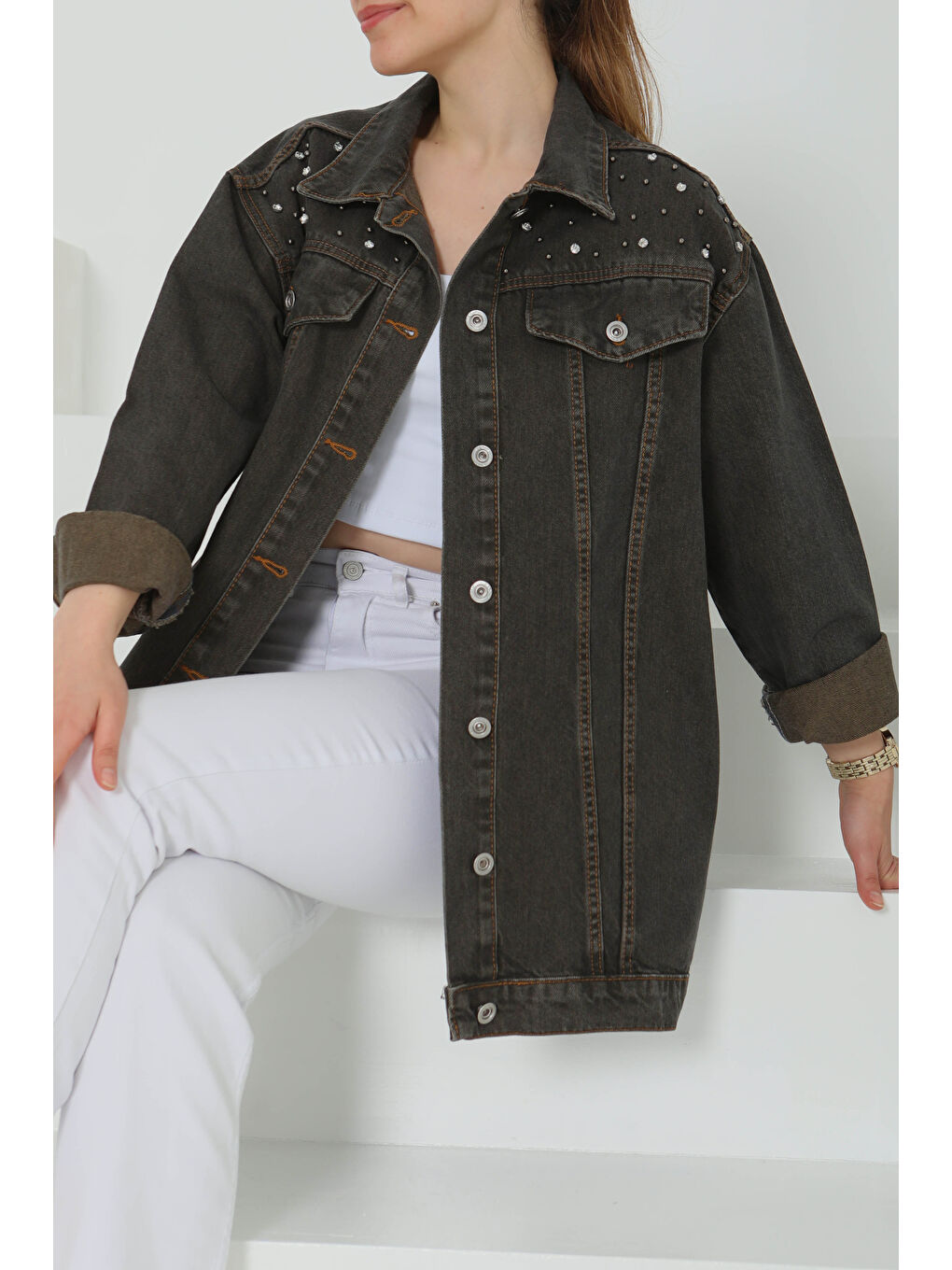 Kahverengi Kadın Omuz Taş Detaylı Oversize Jean Ceket Kahve Tint Yikama   26616-2