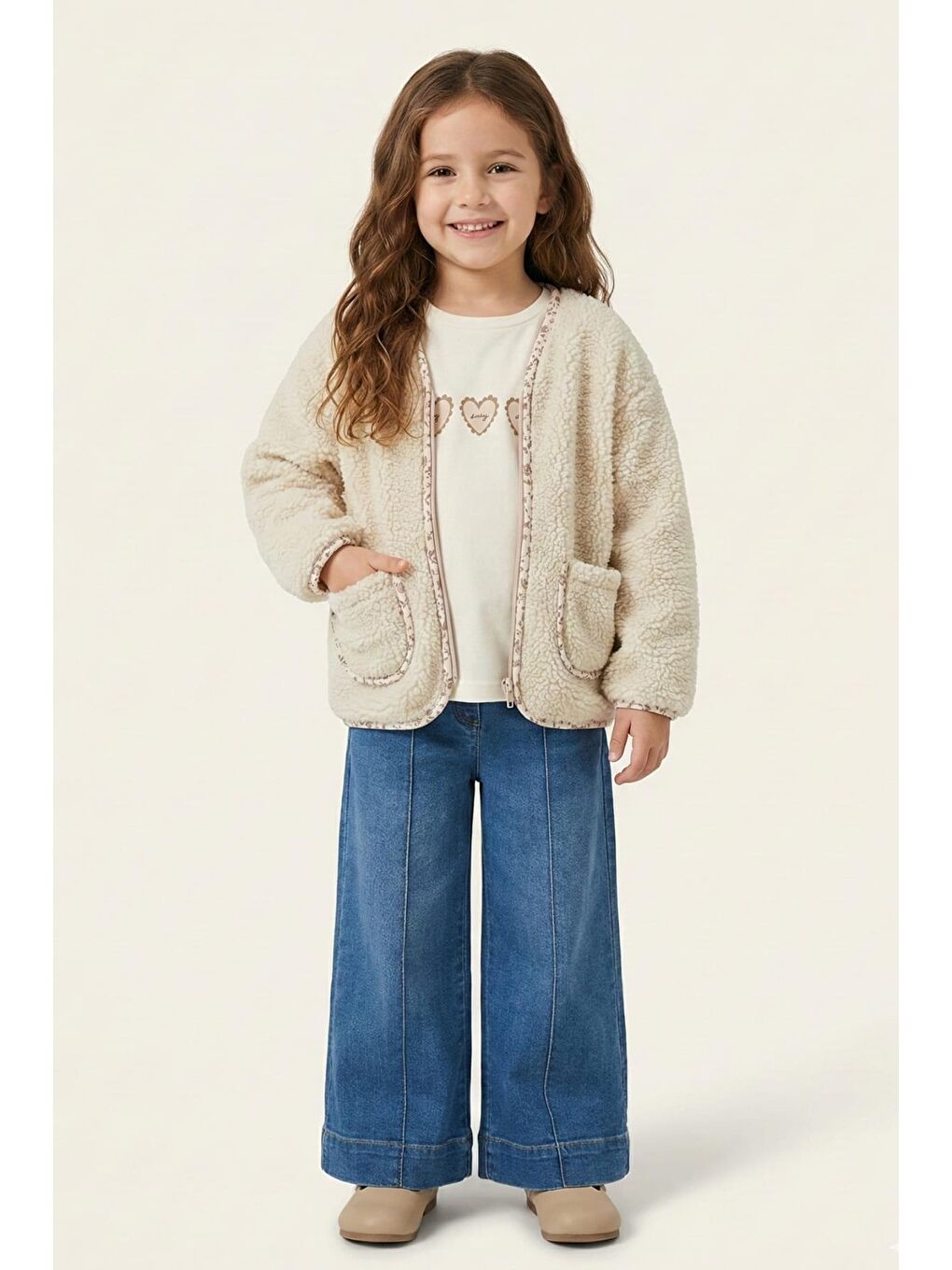 Kız Çocuk Ceketli 3'Lü Takım - Bej