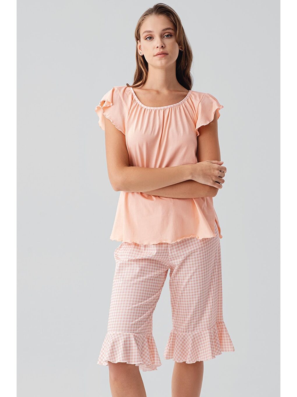 Pembe Kısa Kollu Pötikare Desenli Esnek Pamuklu Pijama Takım 19200-2