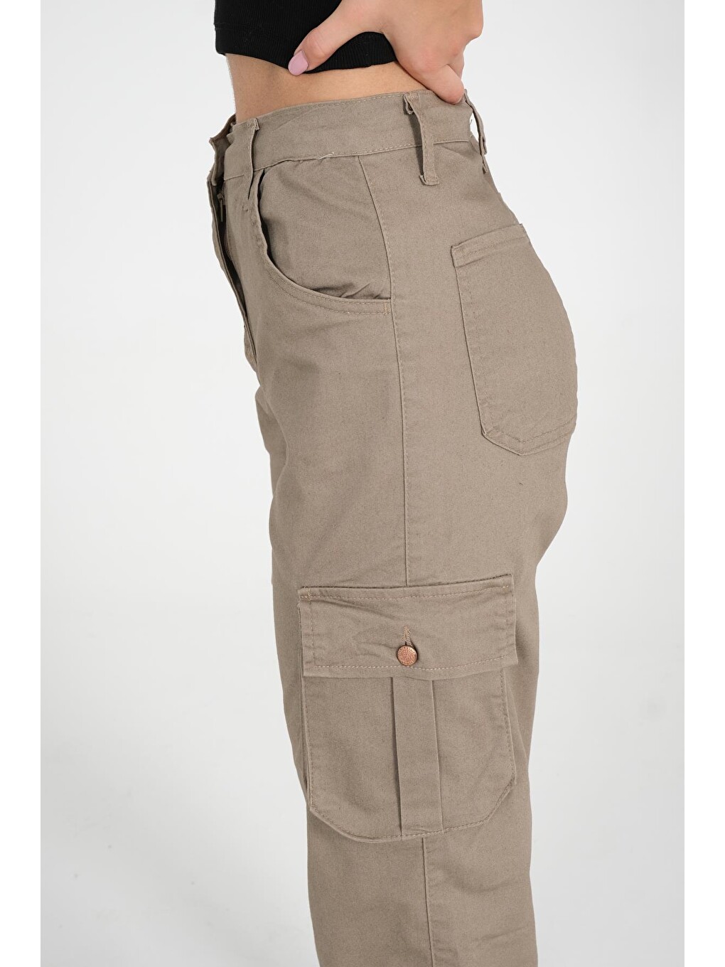 Bej Jogger Rahat Kalıp Paça Lastikli Kargo Cepli Gabardin Kadın Pantolon-2