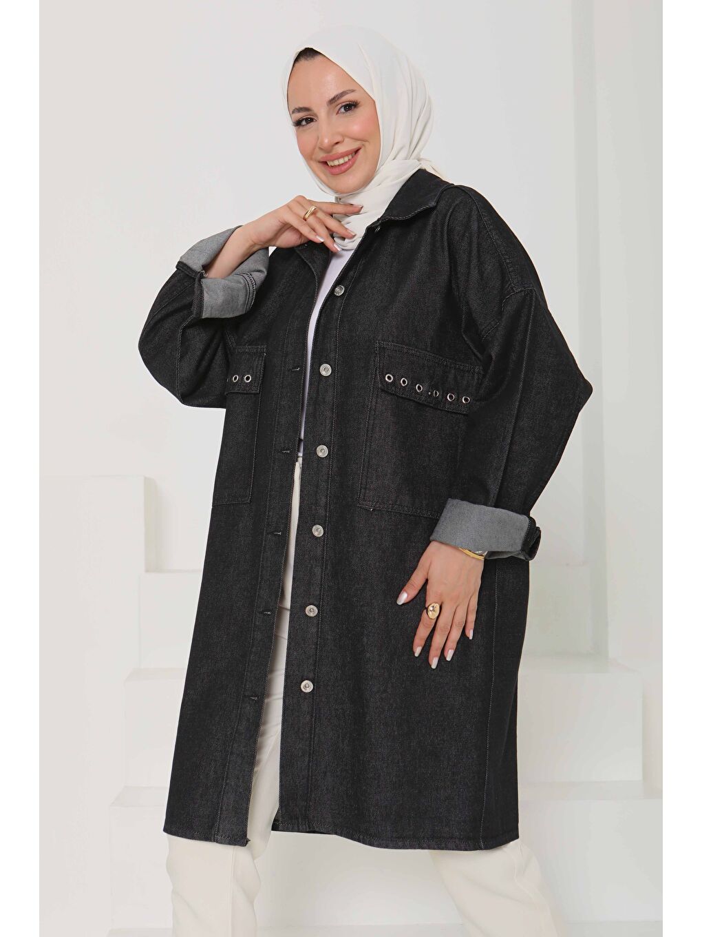 Gri Kadın Oversize Kuş Gözü Cepli Jean Ceket Füme   26579