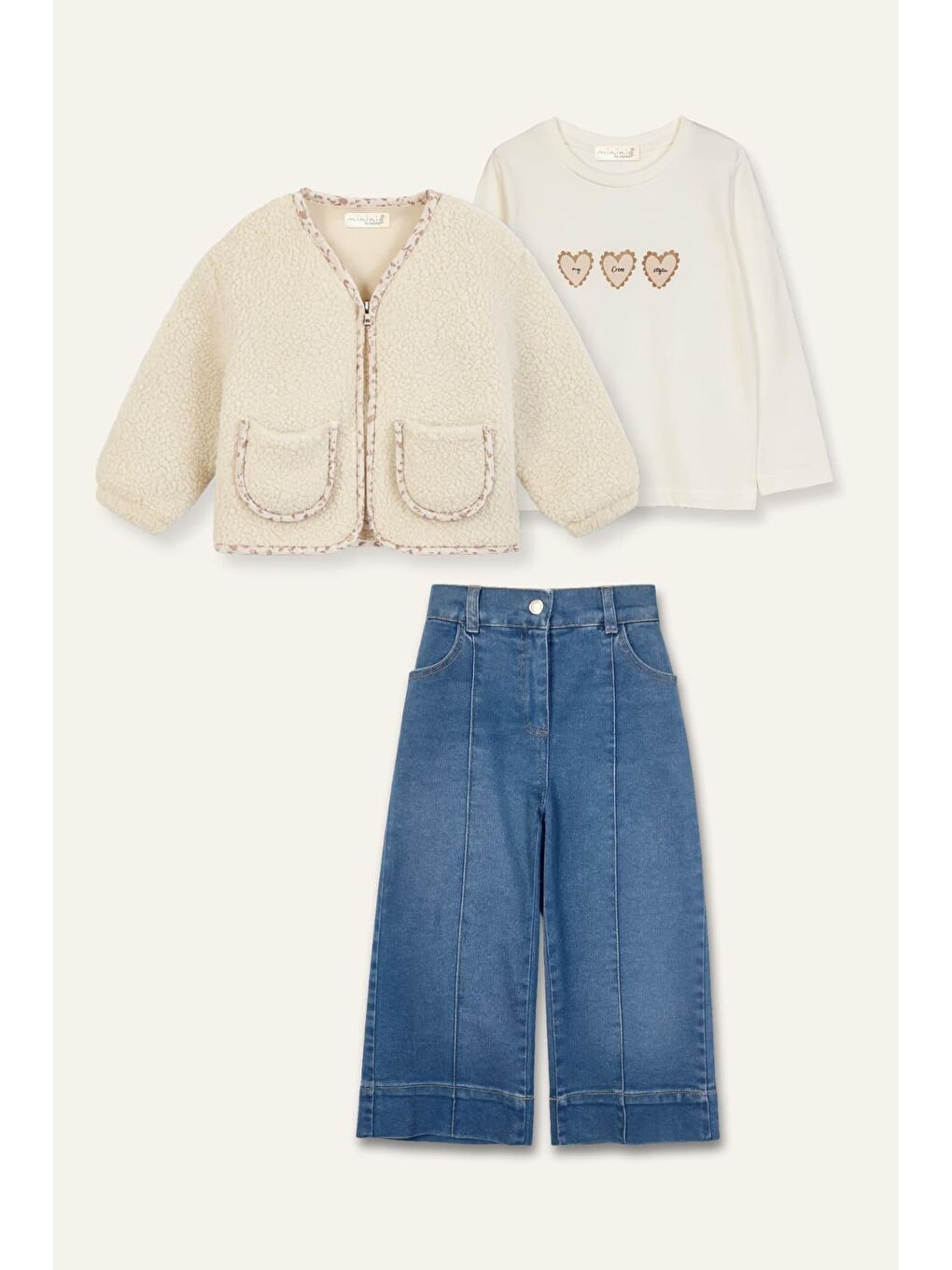 Kız Çocuk Ceketli 3'Lü Takım - Bej-1
