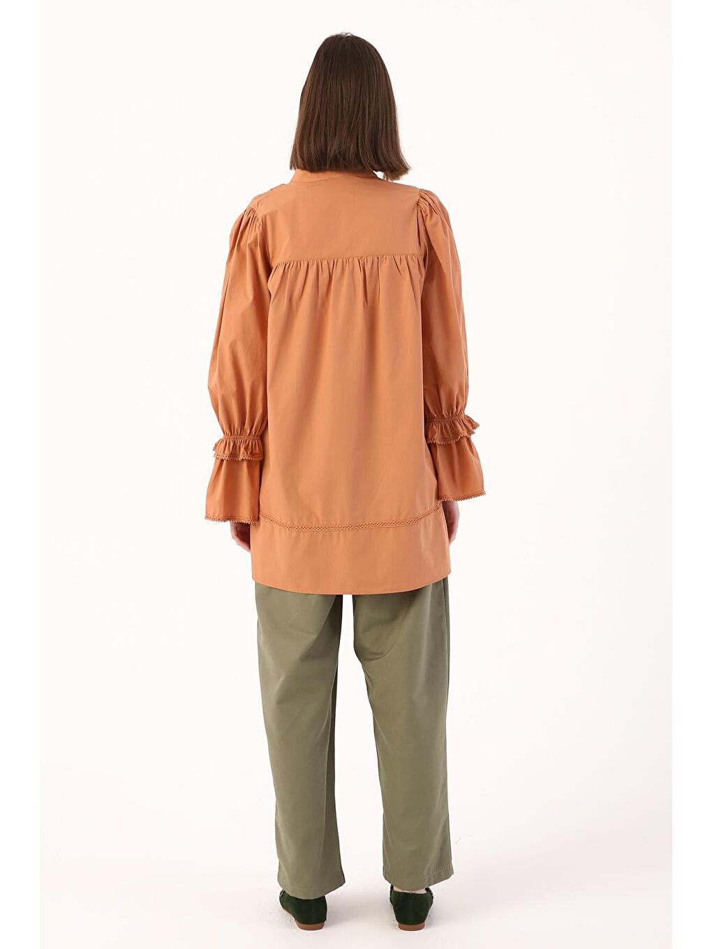 Kahverengi Tarçın %100 Pamuk Kolu Fırfırlı Fistolu Tunik-3