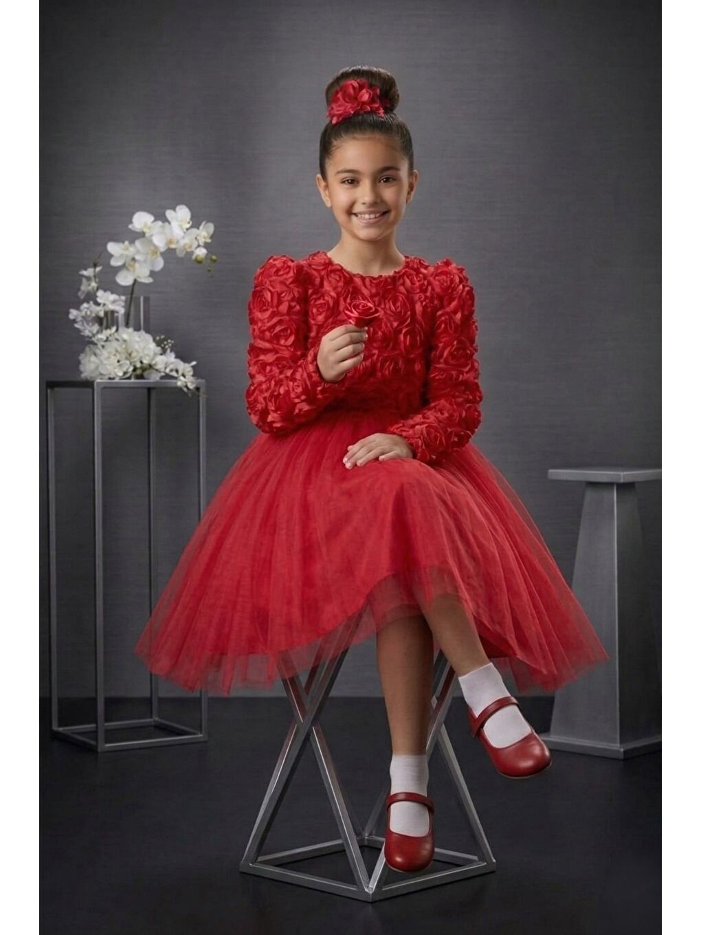 Kırmızı Luvia Uzun Kol Kız Tütü Abiye Elbise M00810-1