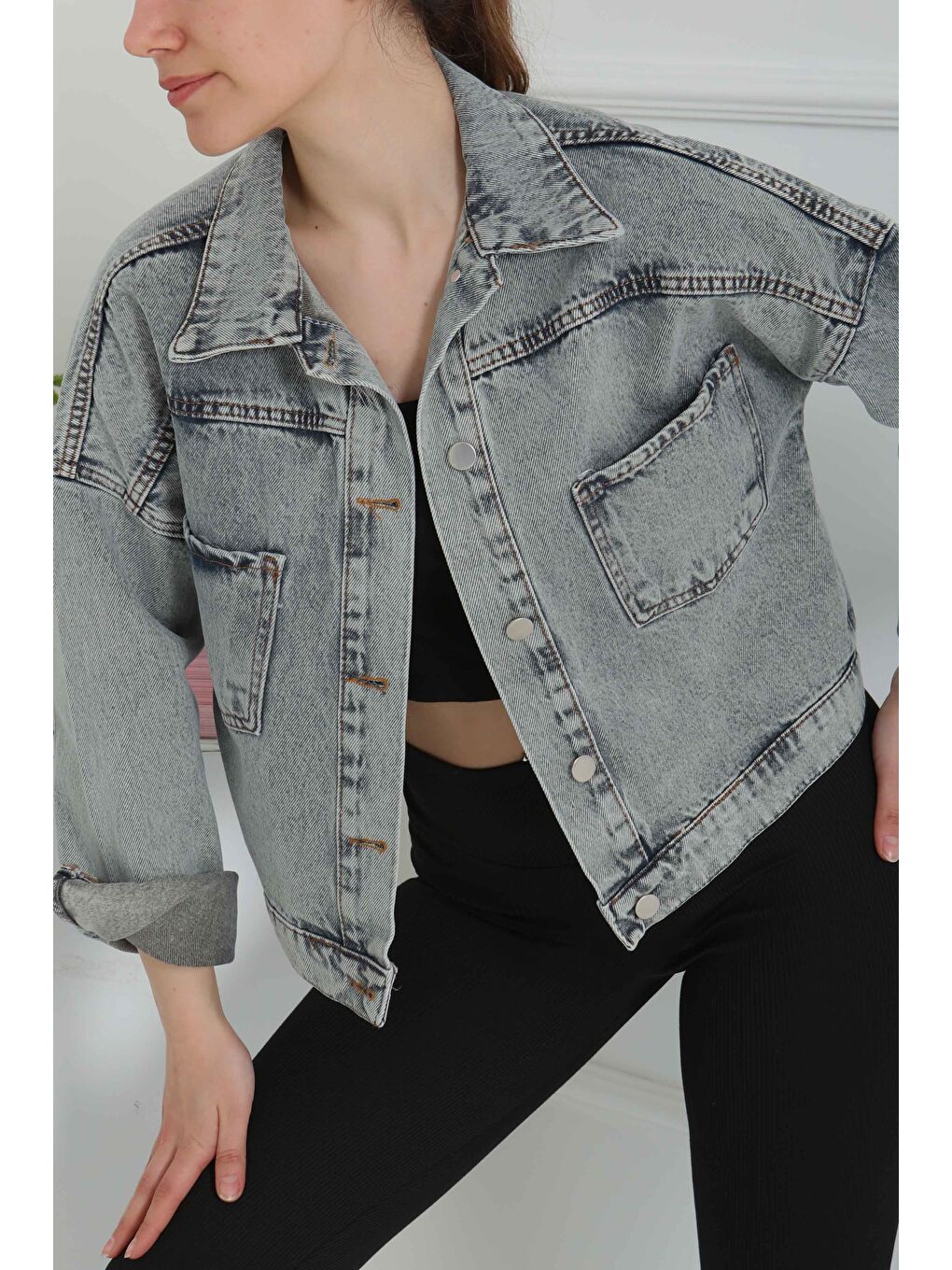 Kahverengi Kadın Çift Cepli Crop Jean Ceket Açik Kahve Tint   26573