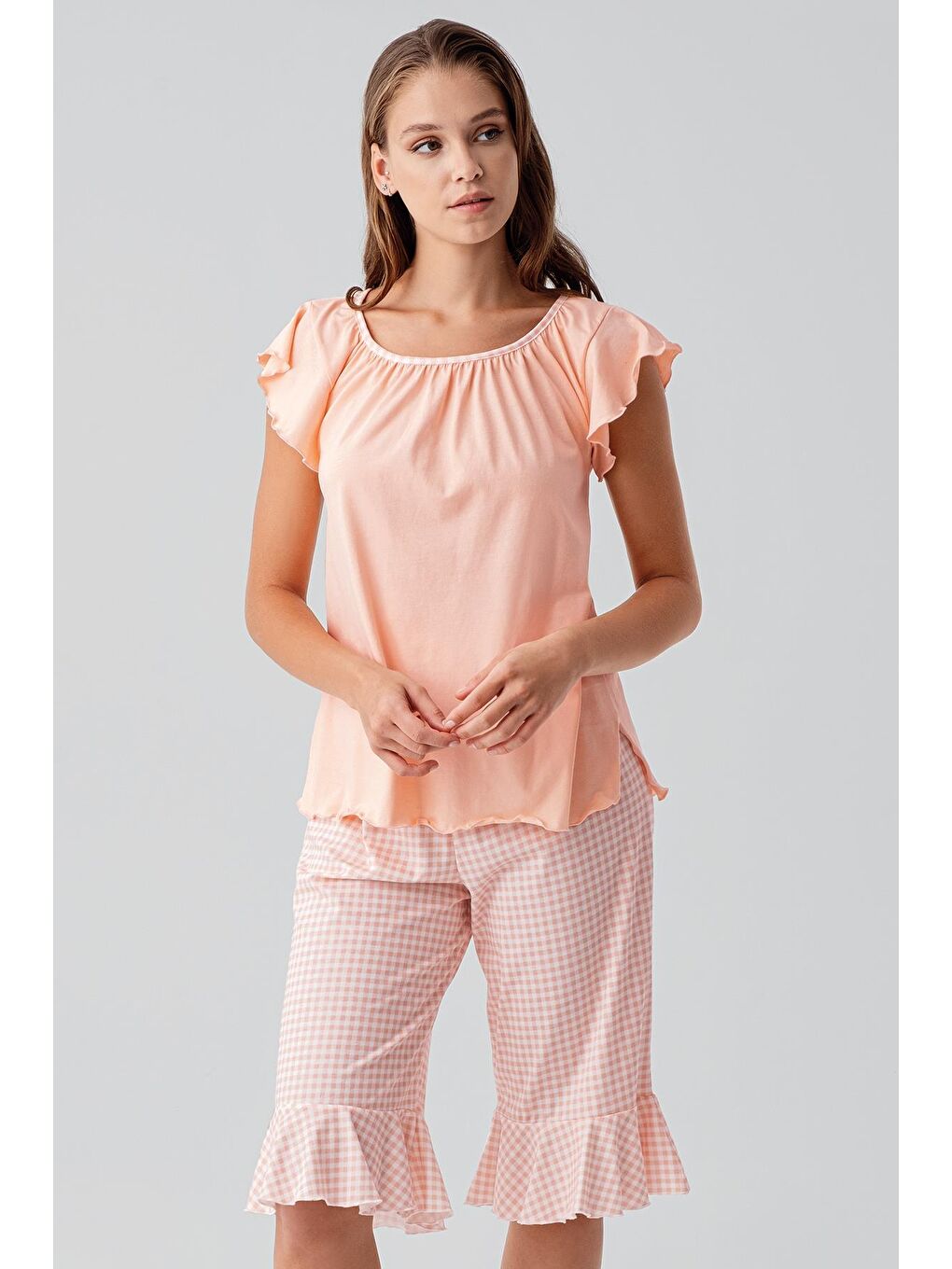 Pembe Kısa Kollu Pötikare Desenli Esnek Pamuklu Pijama Takım 19200-3