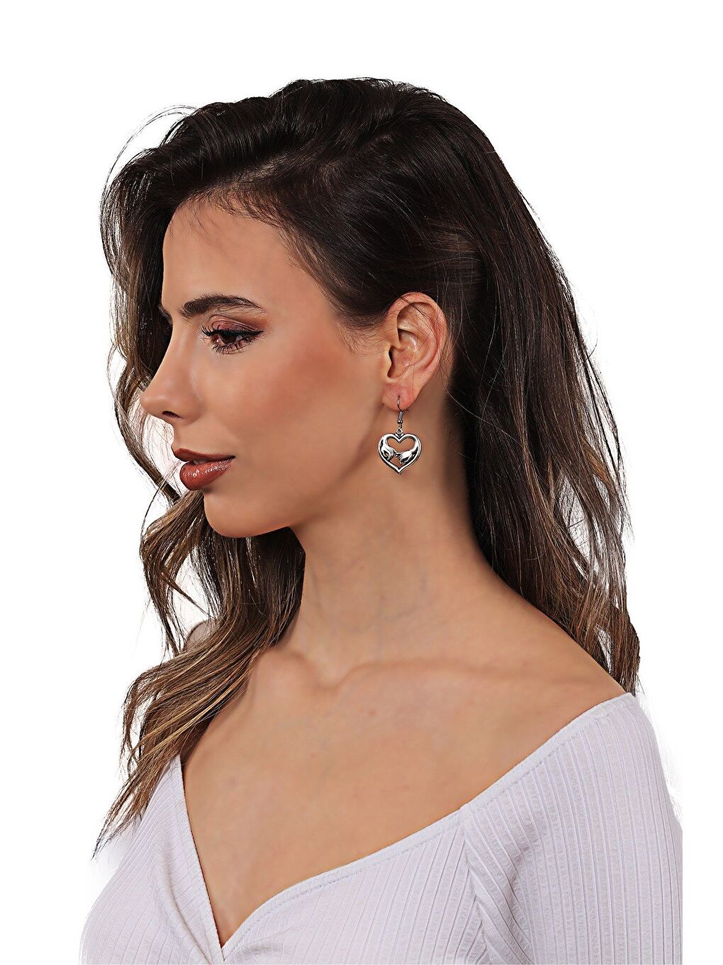 Gri Kadın Antik Gümüş Kaplama Sallantılı Model Sarılan El- Sevgi Küpe-4