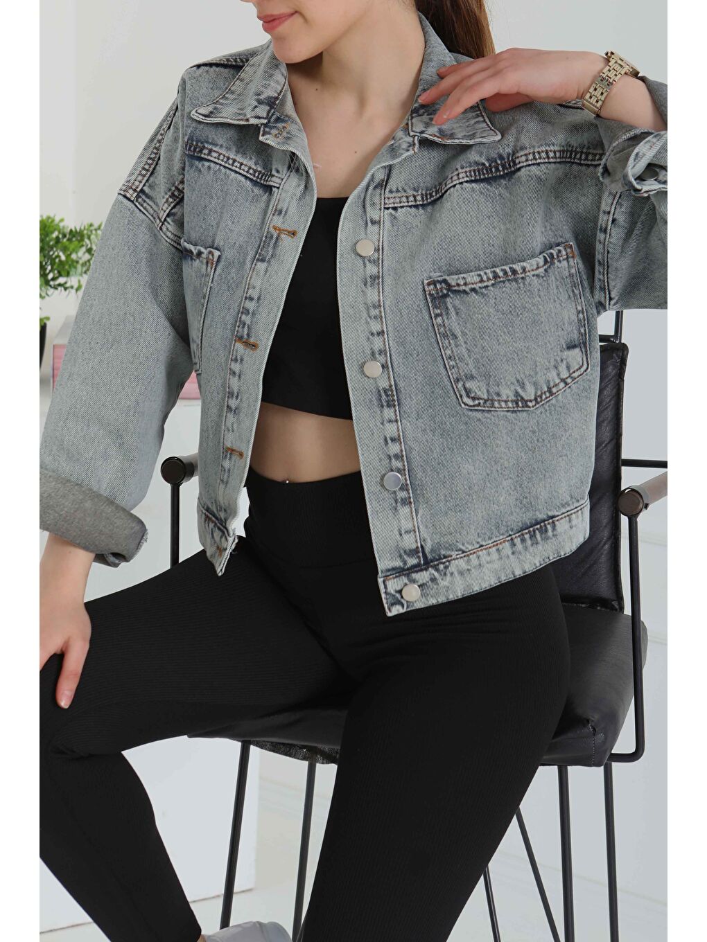 Kahverengi Kadın Çift Cepli Crop Jean Ceket Açik Kahve Tint   26573-1