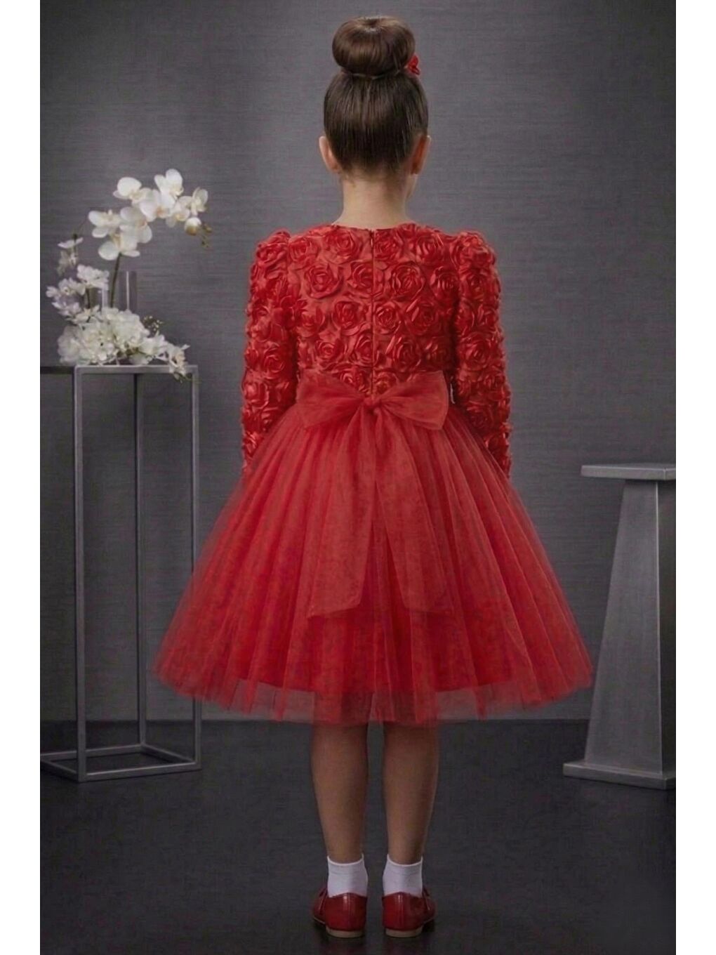 Kırmızı Luvia Uzun Kol Kız Tütü Abiye Elbise M00810-2