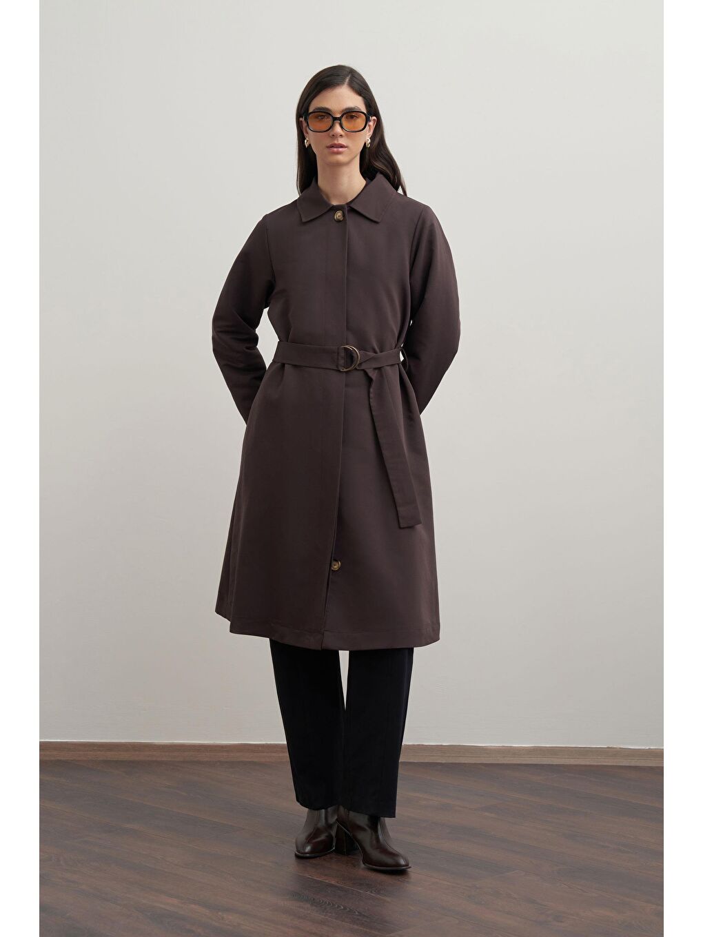 Kahverengi Acı Kahve-Kuşaklı Uzun Trençkot-1