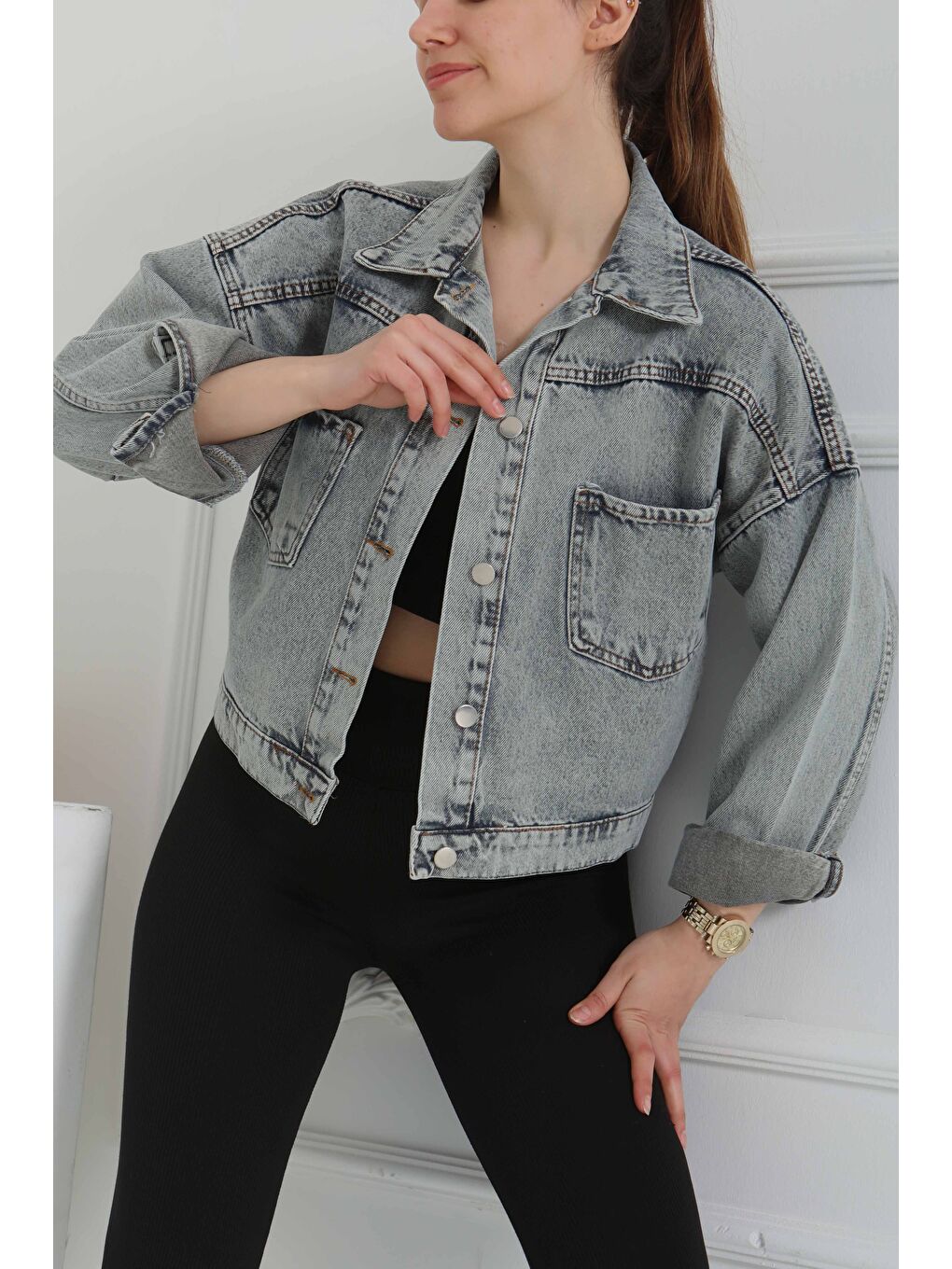 Kahverengi Kadın Çift Cepli Crop Jean Ceket Açik Kahve Tint   26573-2