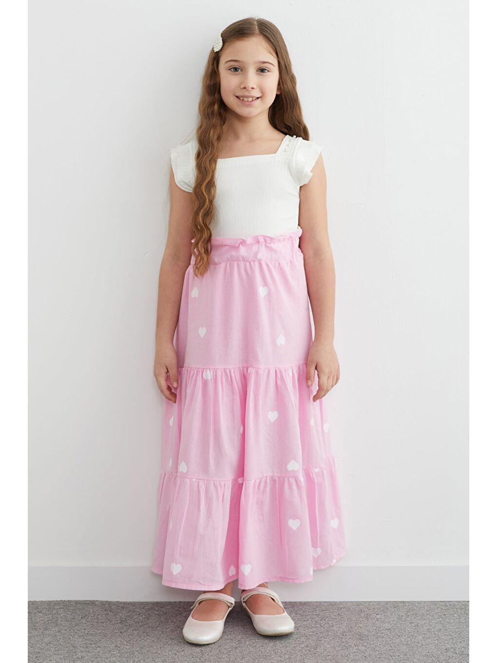 Pembe Kalp Baskılı Beli Lastikli Kız Çocuk Etek