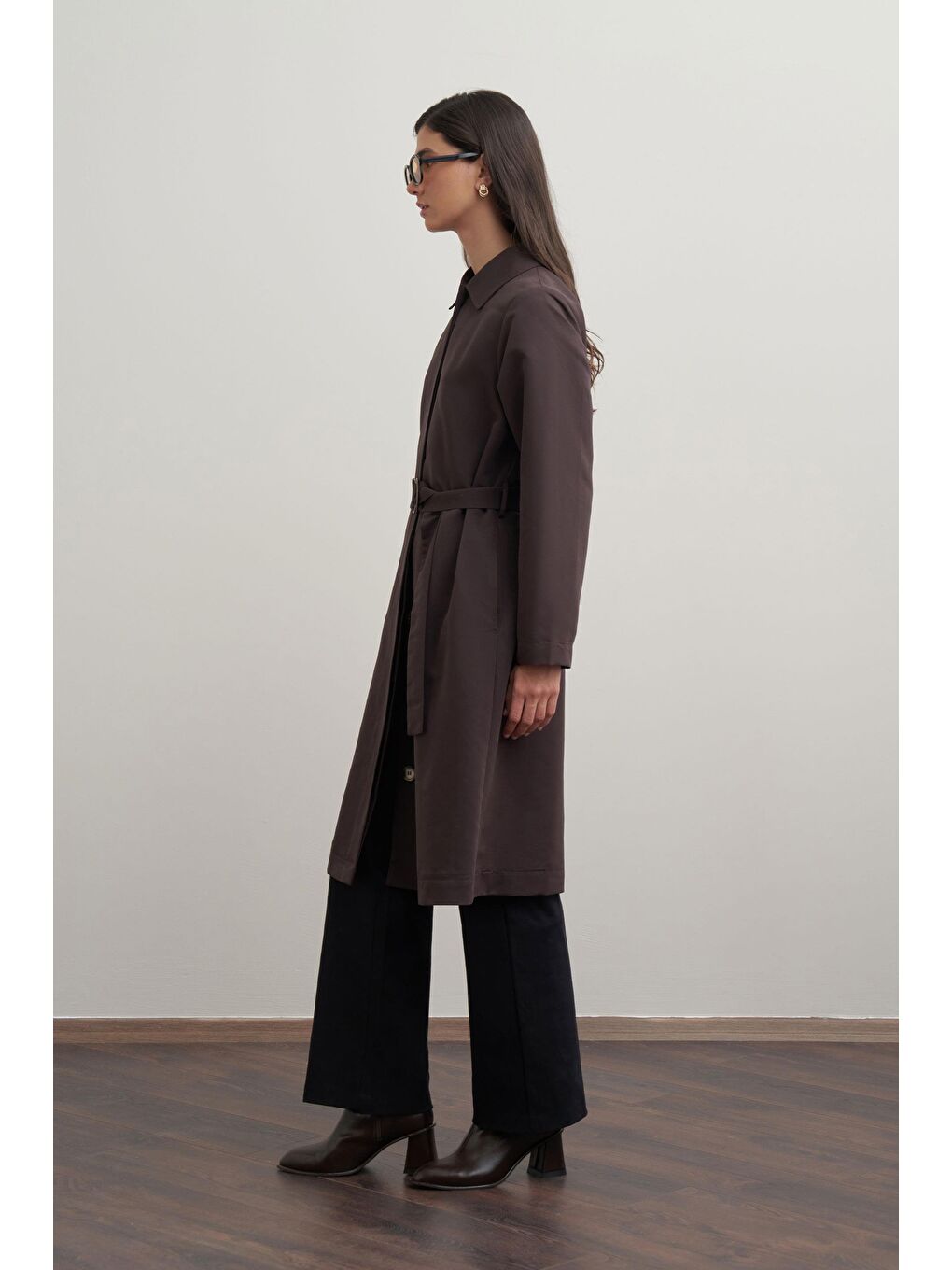 Kahverengi Acı Kahve-Kuşaklı Uzun Trençkot-2