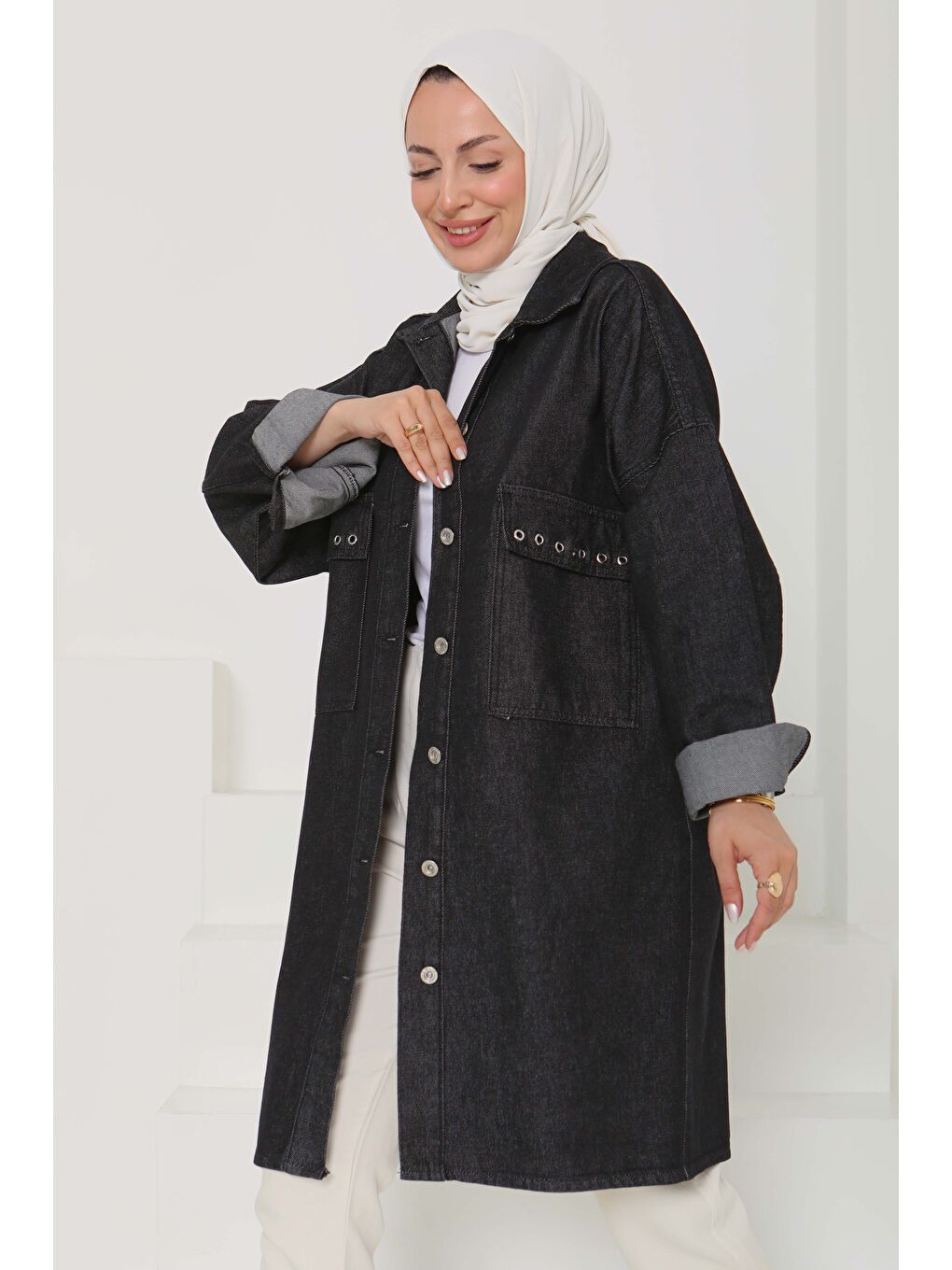 Gri Kadın Oversize Kuş Gözü Cepli Jean Ceket Füme   26579-2