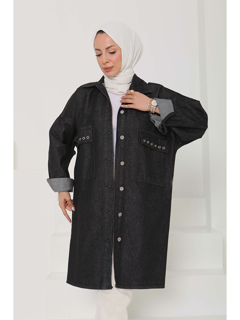 Gri Kadın Oversize Kuş Gözü Cepli Jean Ceket Füme   26579-3