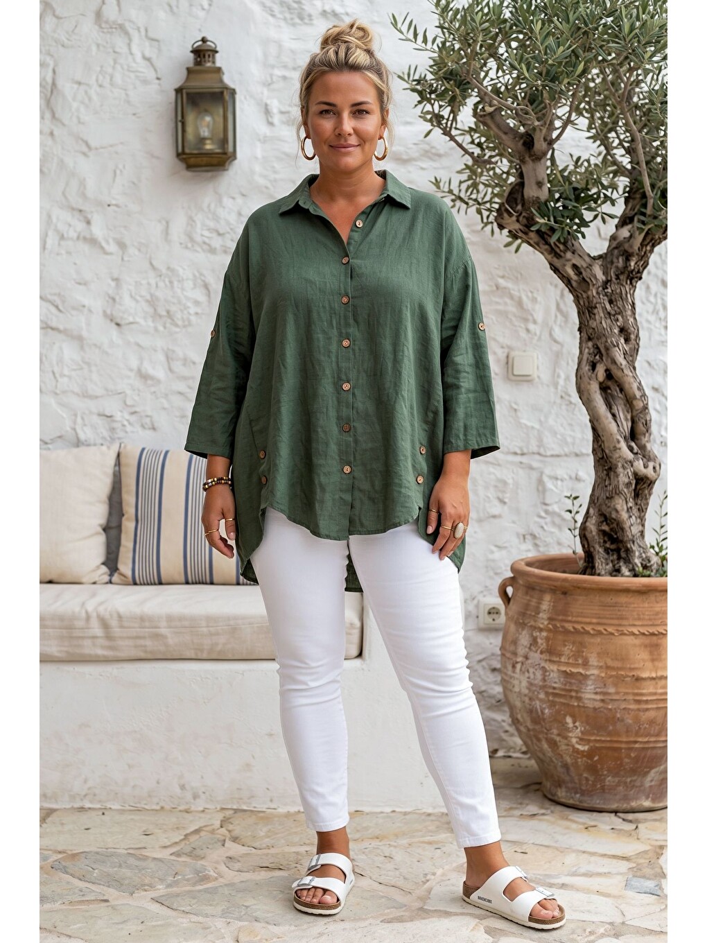 Yeşil Gömlek Yaka 3/4 Kol Düğmeli Casual Keten Görünümlü Oversize Dokuma Gömlek 75 72-4