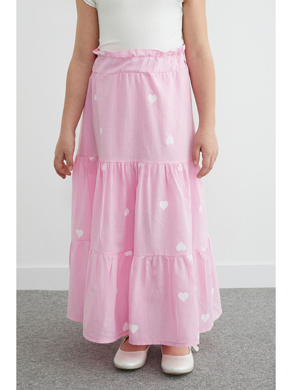Pembe Kalp Baskılı Beli Lastikli Kız Çocuk Etek-1