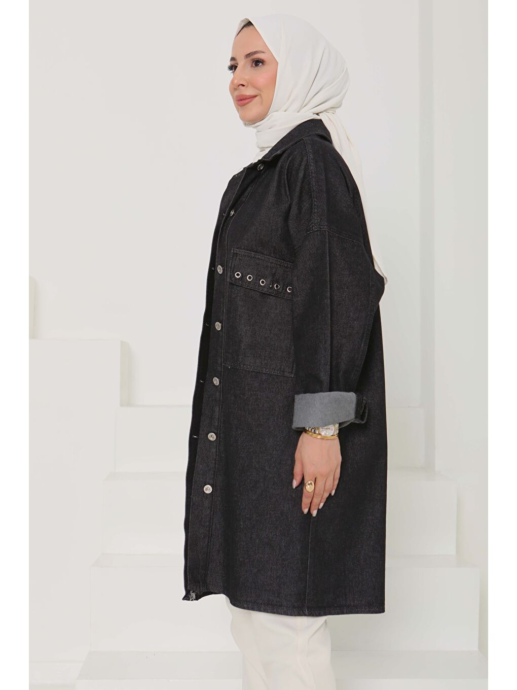 Gri Kadın Oversize Kuş Gözü Cepli Jean Ceket Füme   26579-4