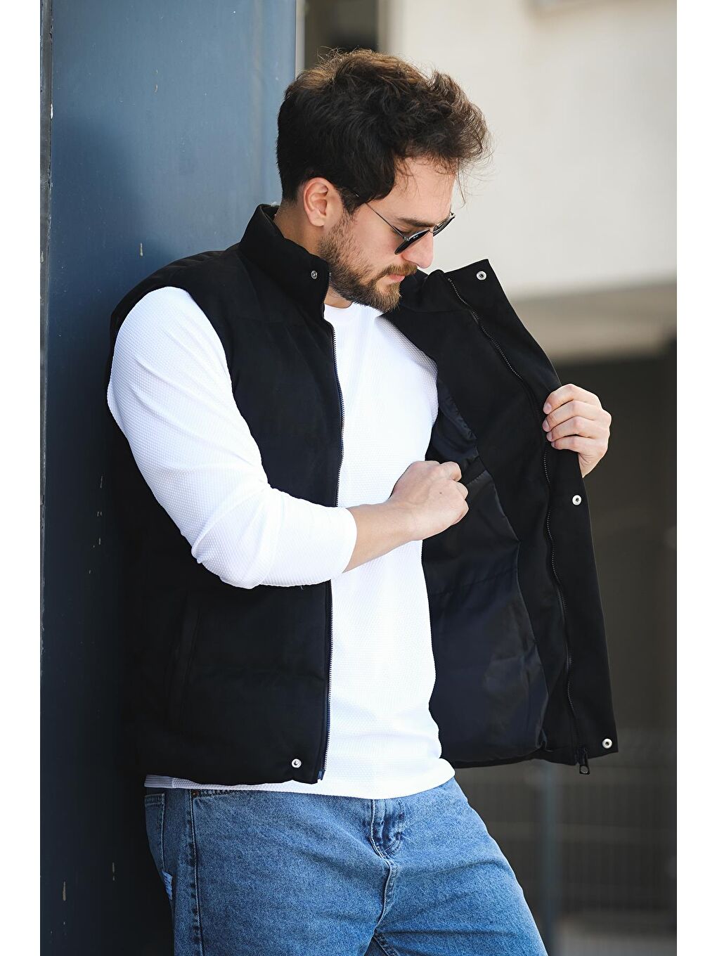 Siyah Taff Cepli Dik Yaka Dolum Erkek Şişme Süet Nubuk Yelek-1