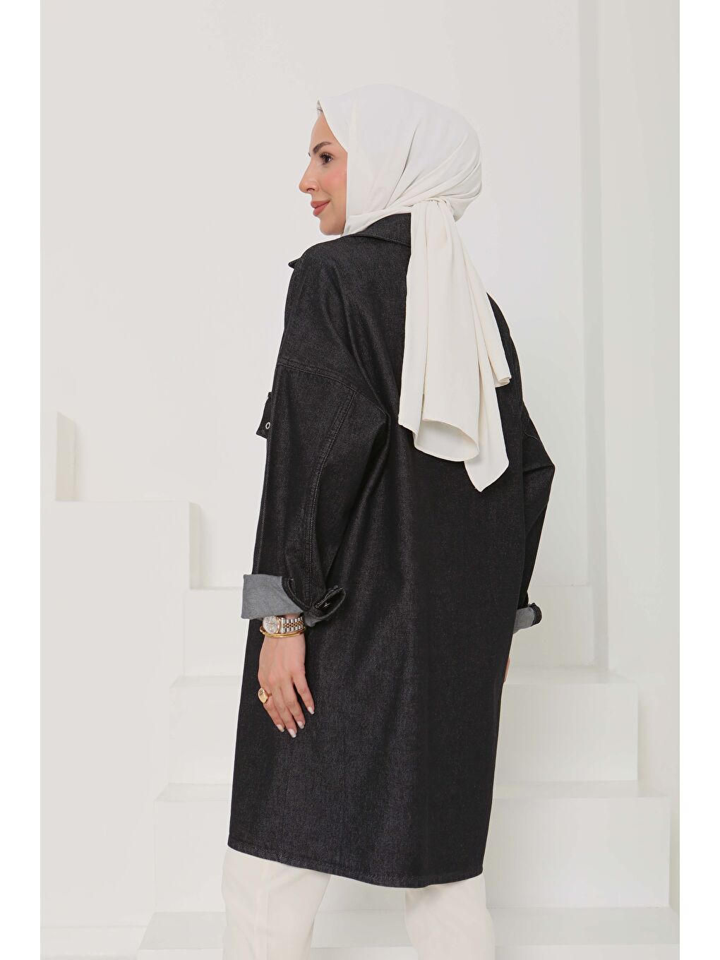 Gri Kadın Oversize Kuş Gözü Cepli Jean Ceket Füme   26579-5